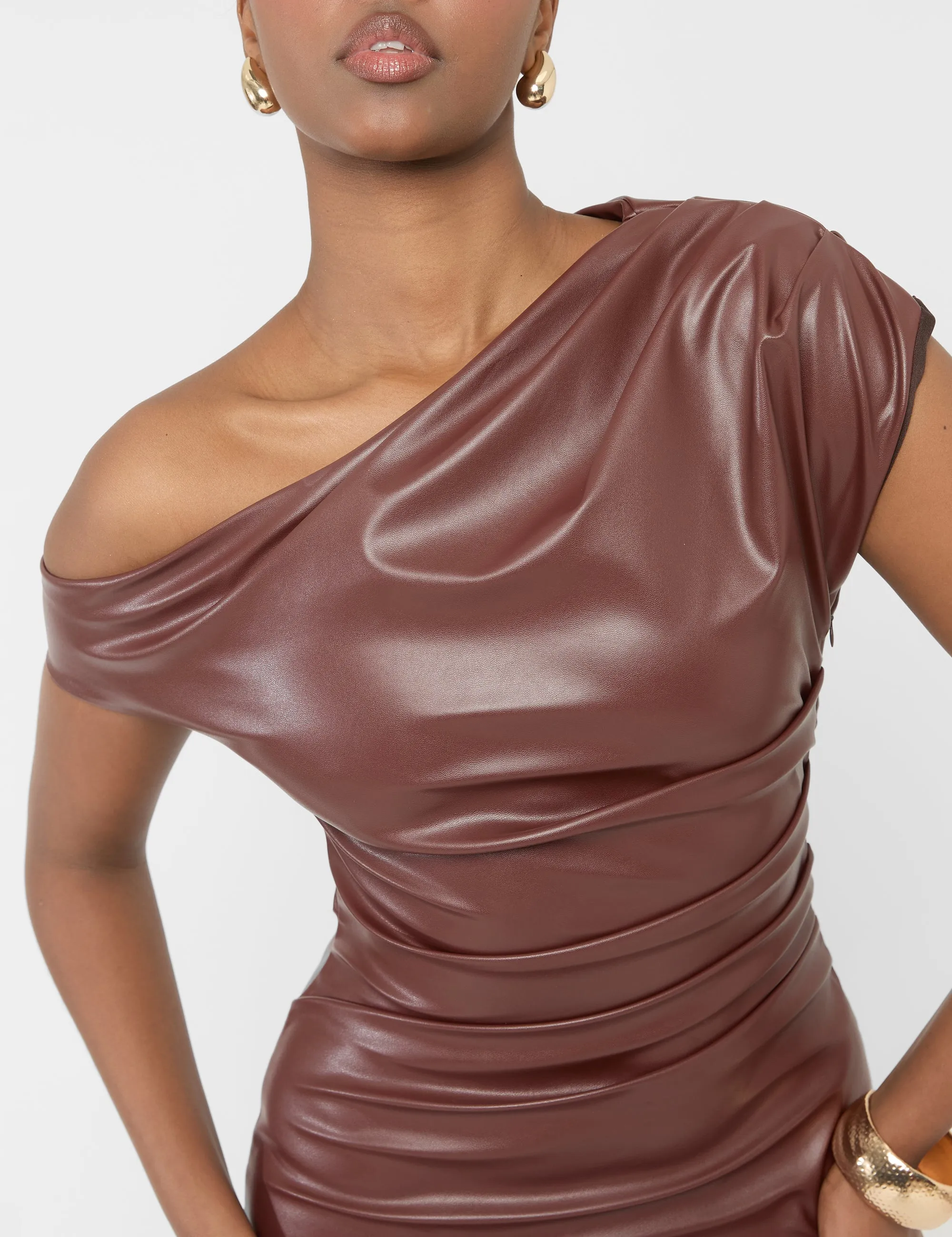 Faux Leather Ruched Detail One Shoulder Mini Dress Brown sold by Public Desire product image thumbnail 5