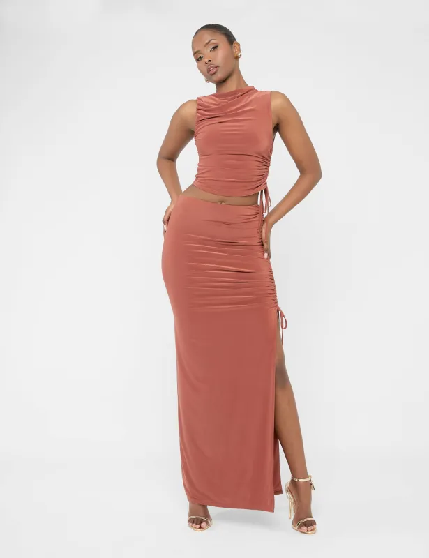 Split Leg Ruched Detail Slinky Maxi Skirt Rust sold by Public Desire