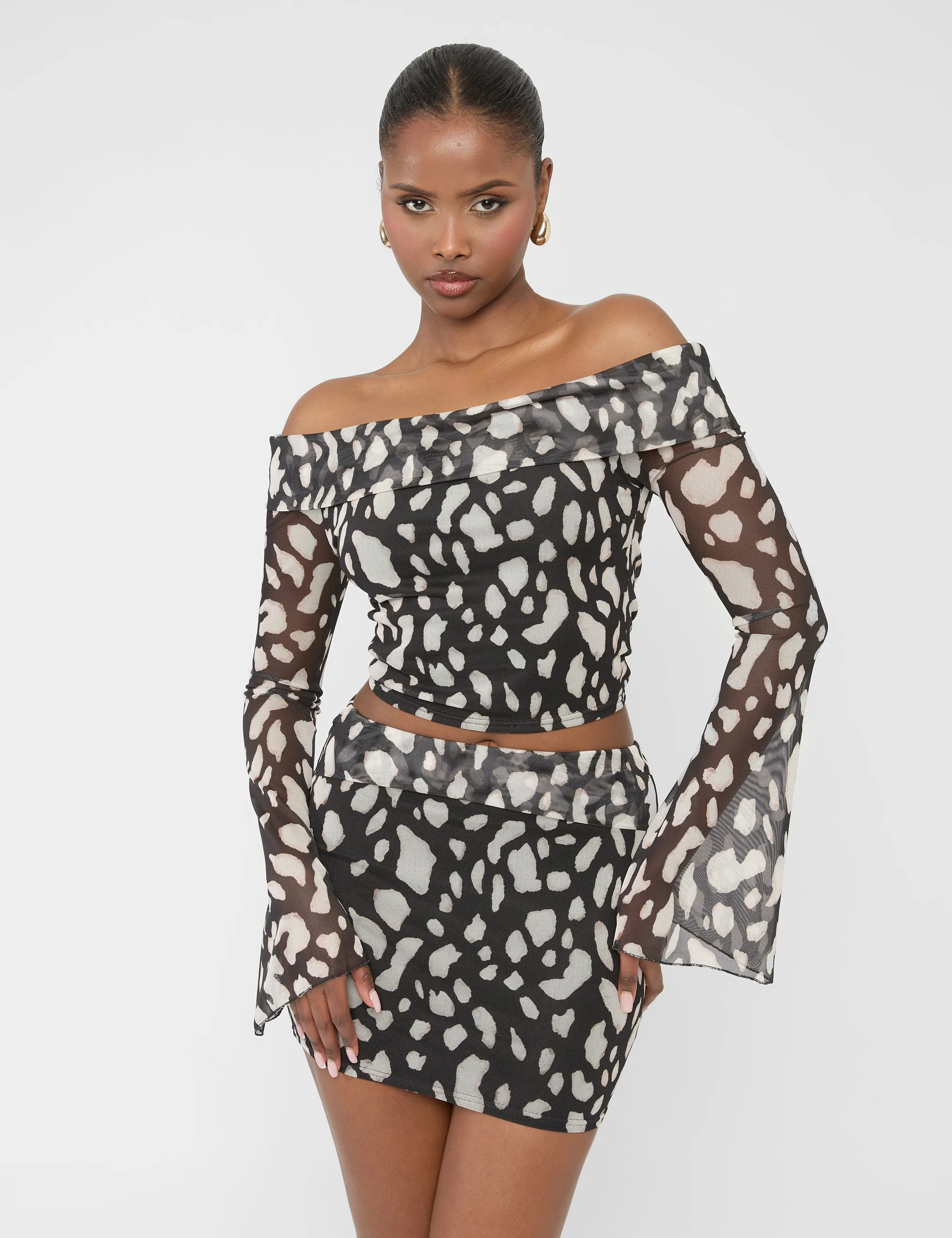 Mesh Bardot Fold Over Long Sleeve Crop Top Animal Print sold by Public Desire