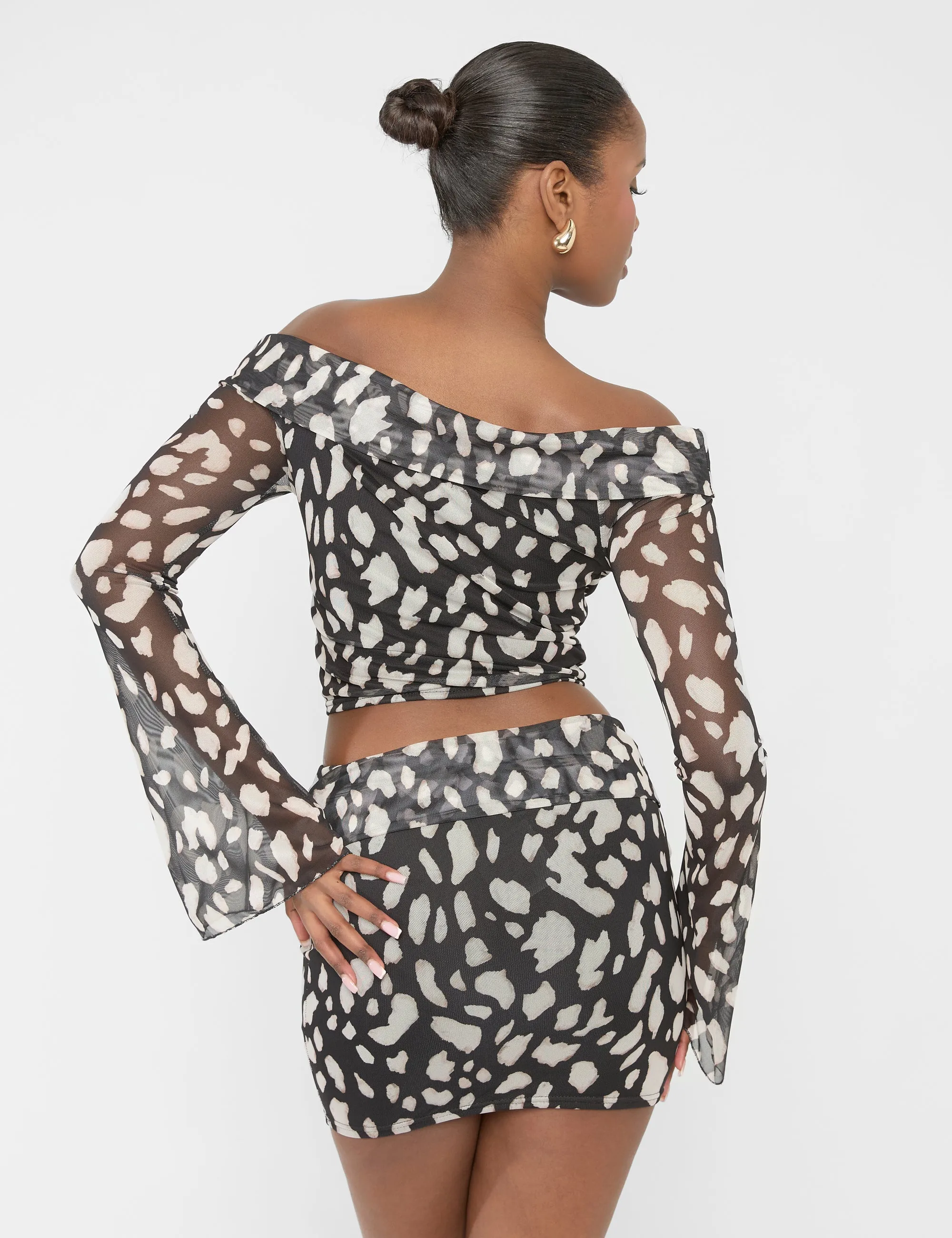Mesh Bardot Fold Over Long Sleeve Crop Top Animal Print sold by Public Desire product image thumbnail 4