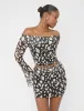 Mesh Bardot Fold Over Long Sleeve Crop Top Animal Print sold by Public Desire