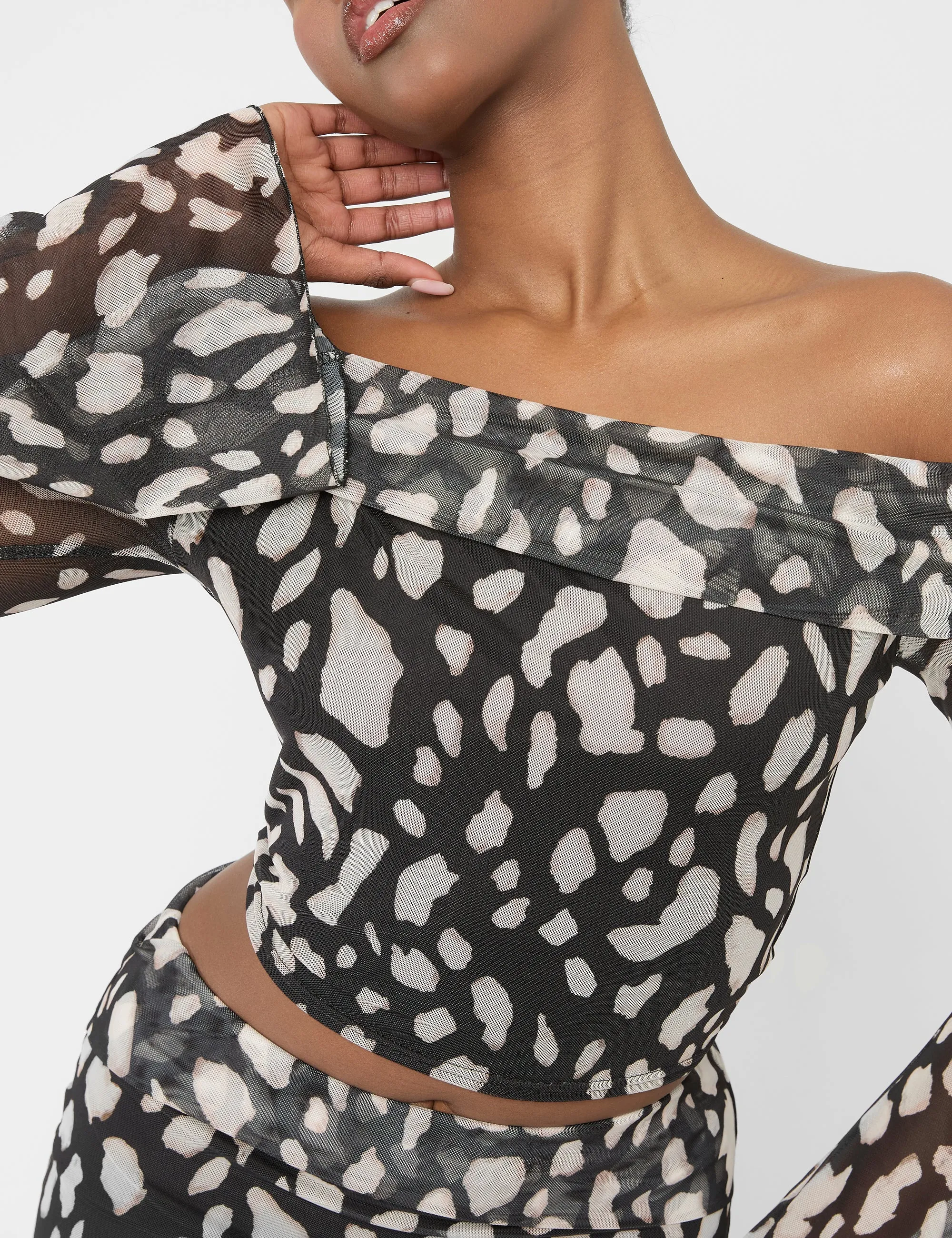 Mesh Bardot Fold Over Long Sleeve Crop Top Animal Print sold by Public Desire product image thumbnail 2