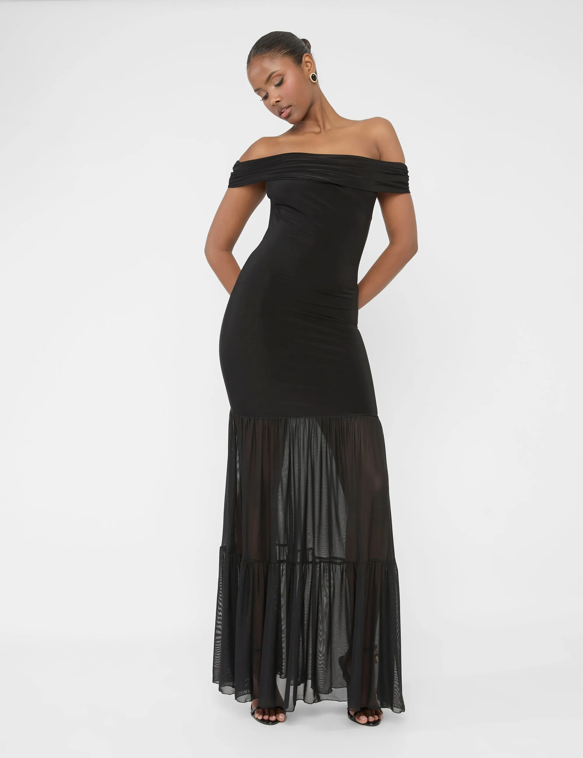Slinky Bardot Fold Over Mesh Hem Maxi Dress Black sold by Public Desire