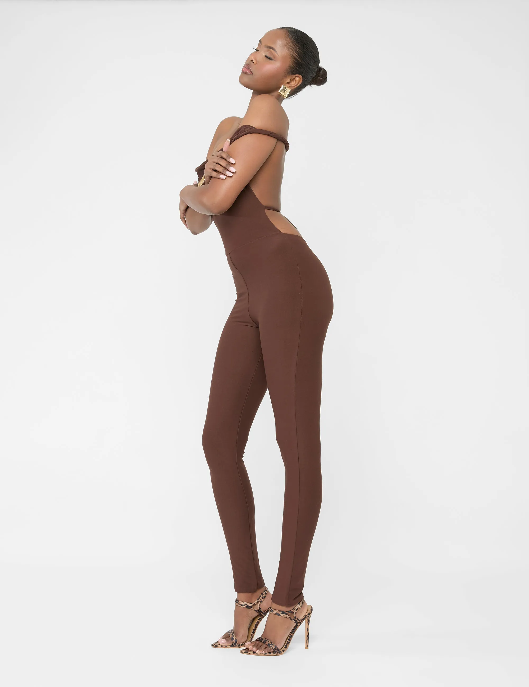 Twist Back Detail Off The Shoulder Luxe Slinky Jumpsuit Brown sold by Public Desire product image thumbnail 4
