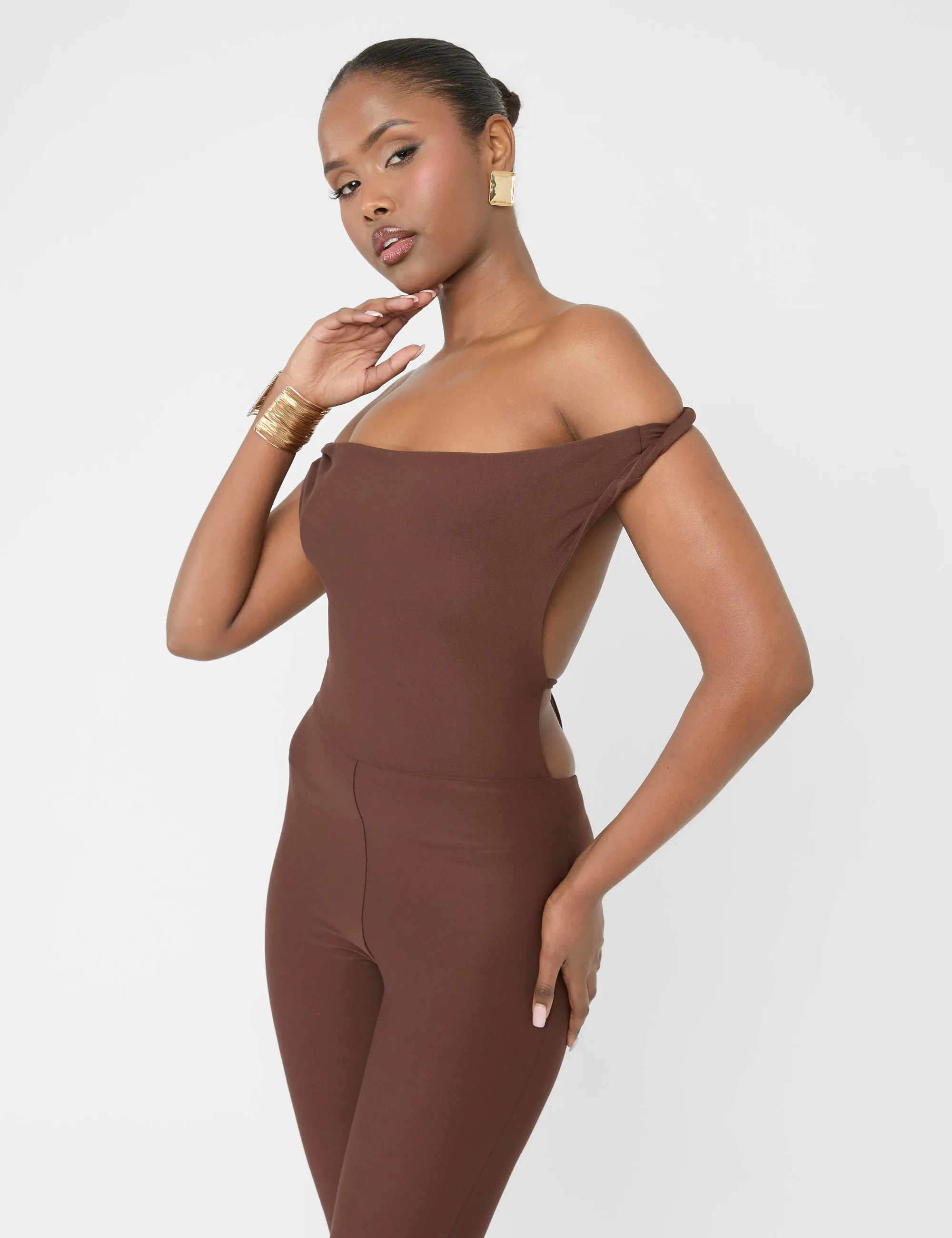 Twist Back Detail Off The Shoulder Luxe Slinky Jumpsuit Brown sold by Public Desire product image thumbnail 3