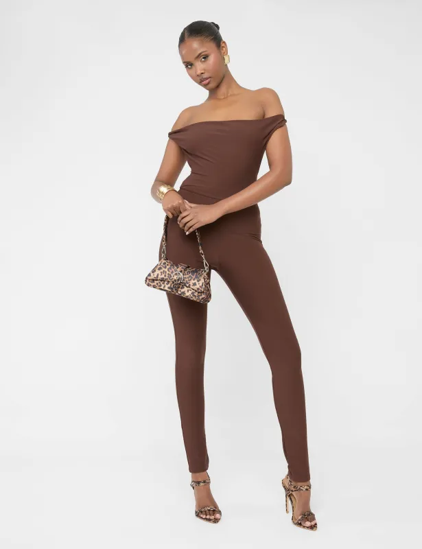 Twist Back Detail Off The Shoulder Luxe Slinky Jumpsuit Brown sold by Public Desire