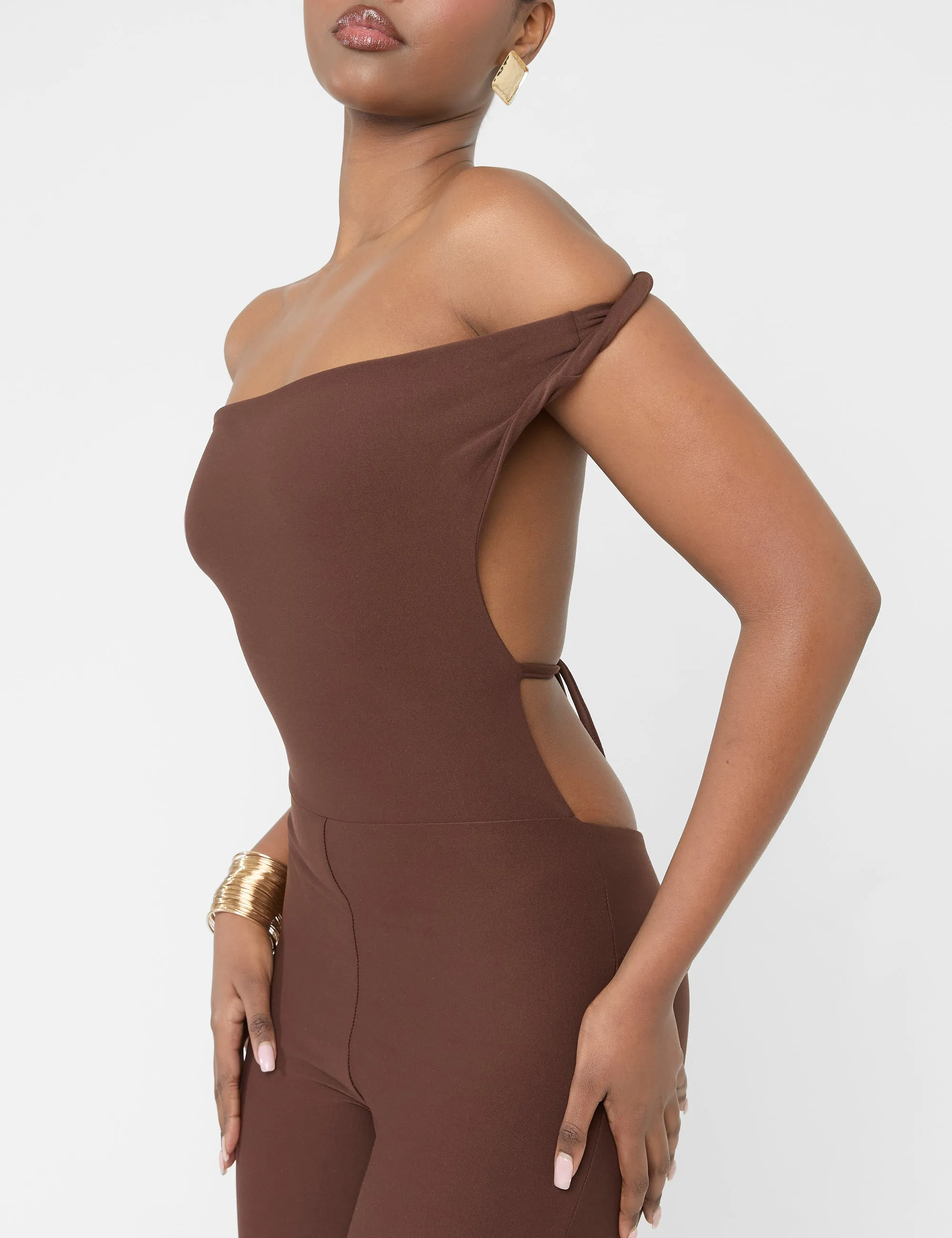 Twist Back Detail Off The Shoulder Luxe Slinky Jumpsuit Brown sold by Public Desire product image thumbnail 5