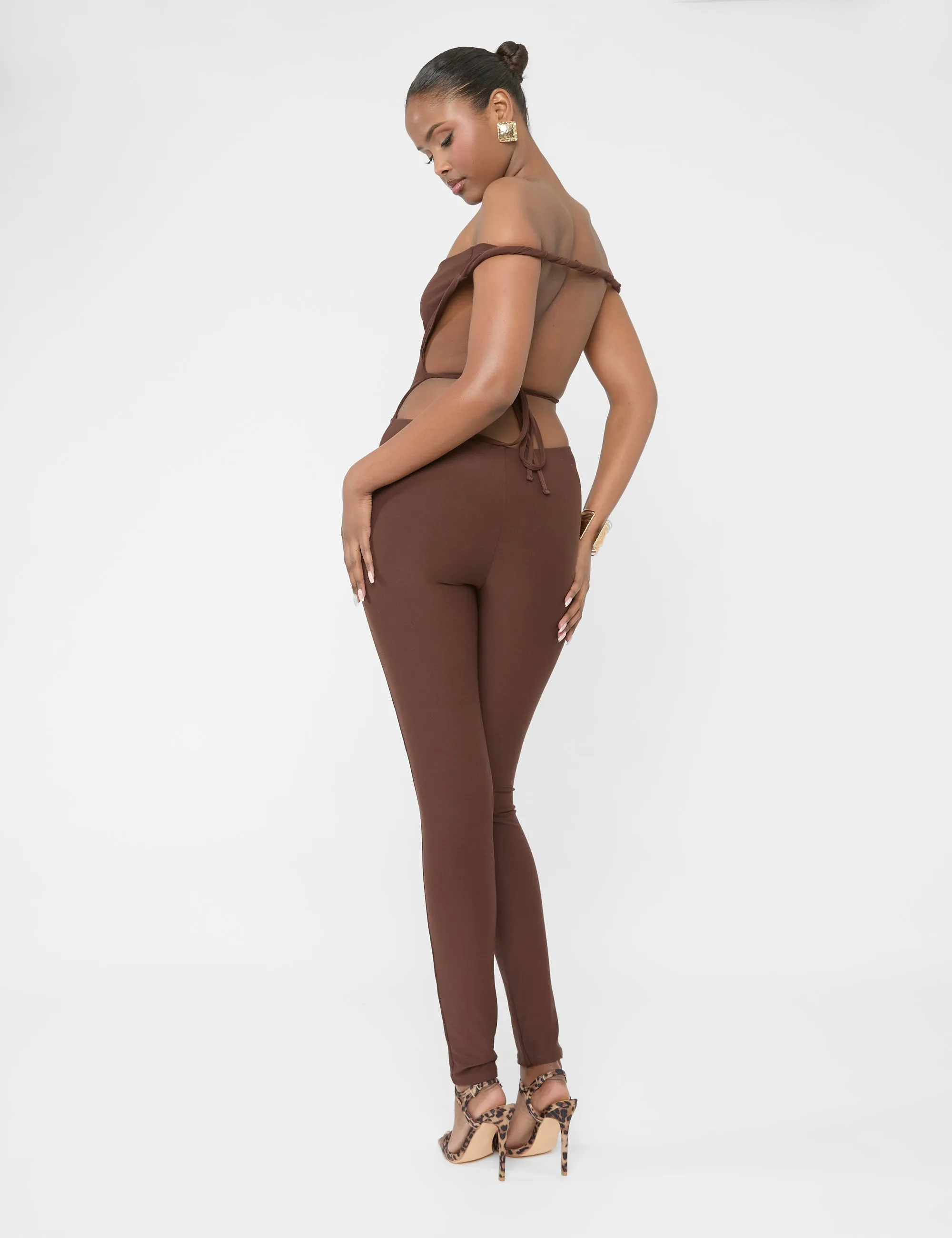 Twist Back Detail Off The Shoulder Luxe Slinky Jumpsuit Brown sold by Public Desire product image thumbnail 2