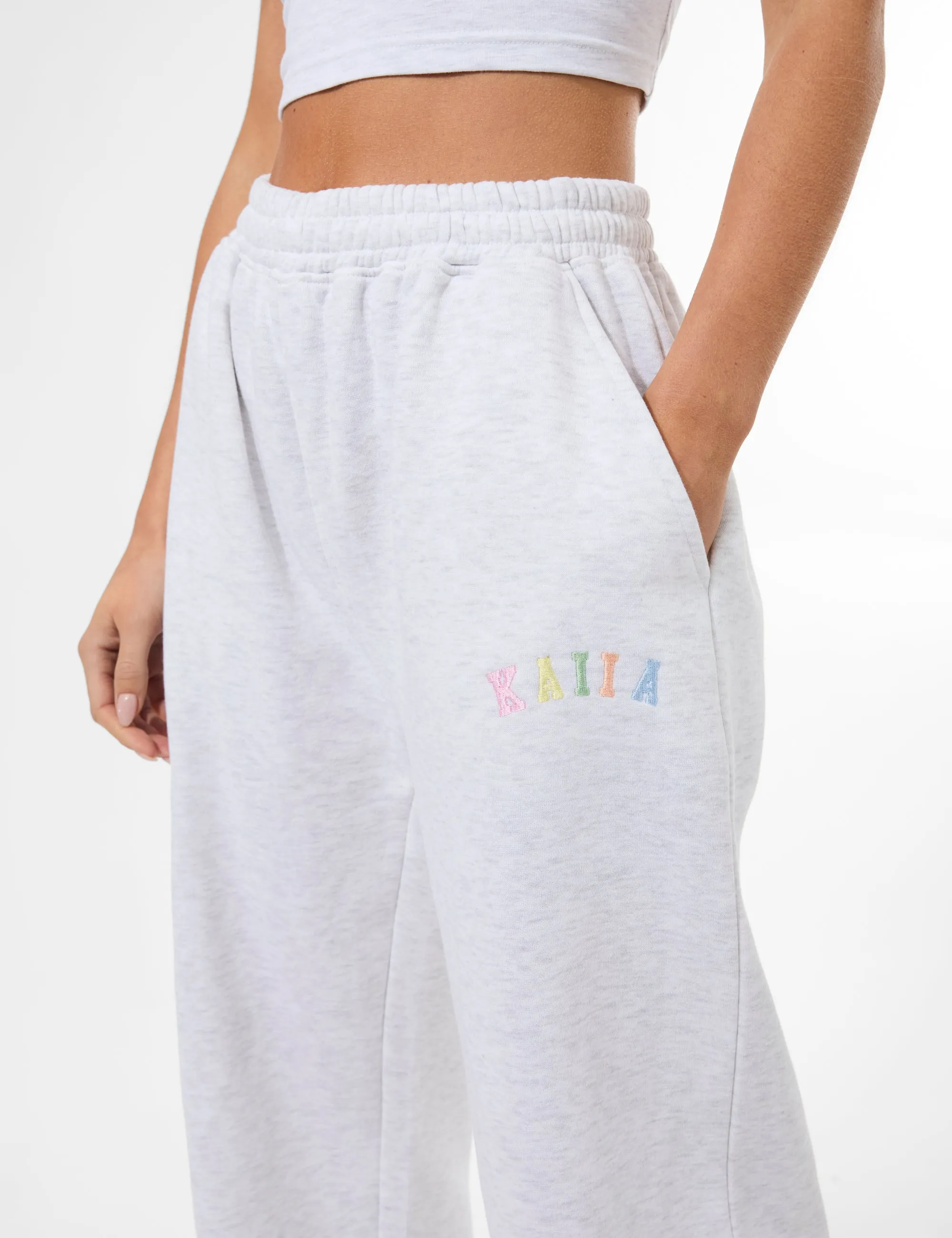 Kaiia Rainbow Logo Wide Leg Joggers Light Grey Marl sold by Public Desire product image thumbnail 4