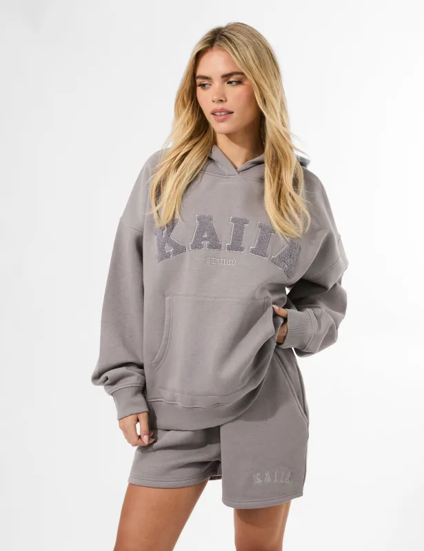 Kaiia Studio Borg Slogan Oversized Hoodie Dove Grey sold by Public Desire