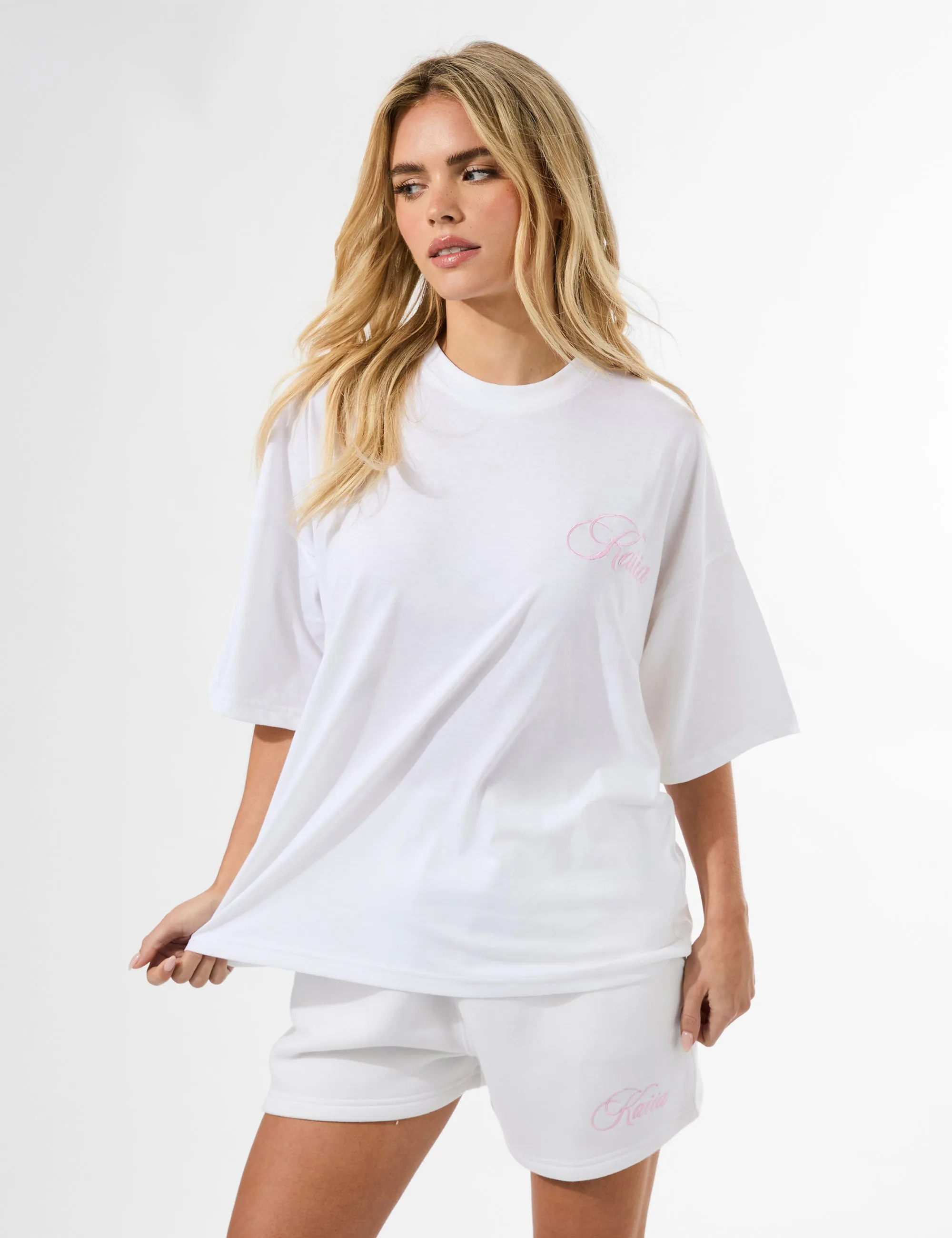 Kaiia Studio Script Logo Sweat Shorts White & Pink sold by Public Desire