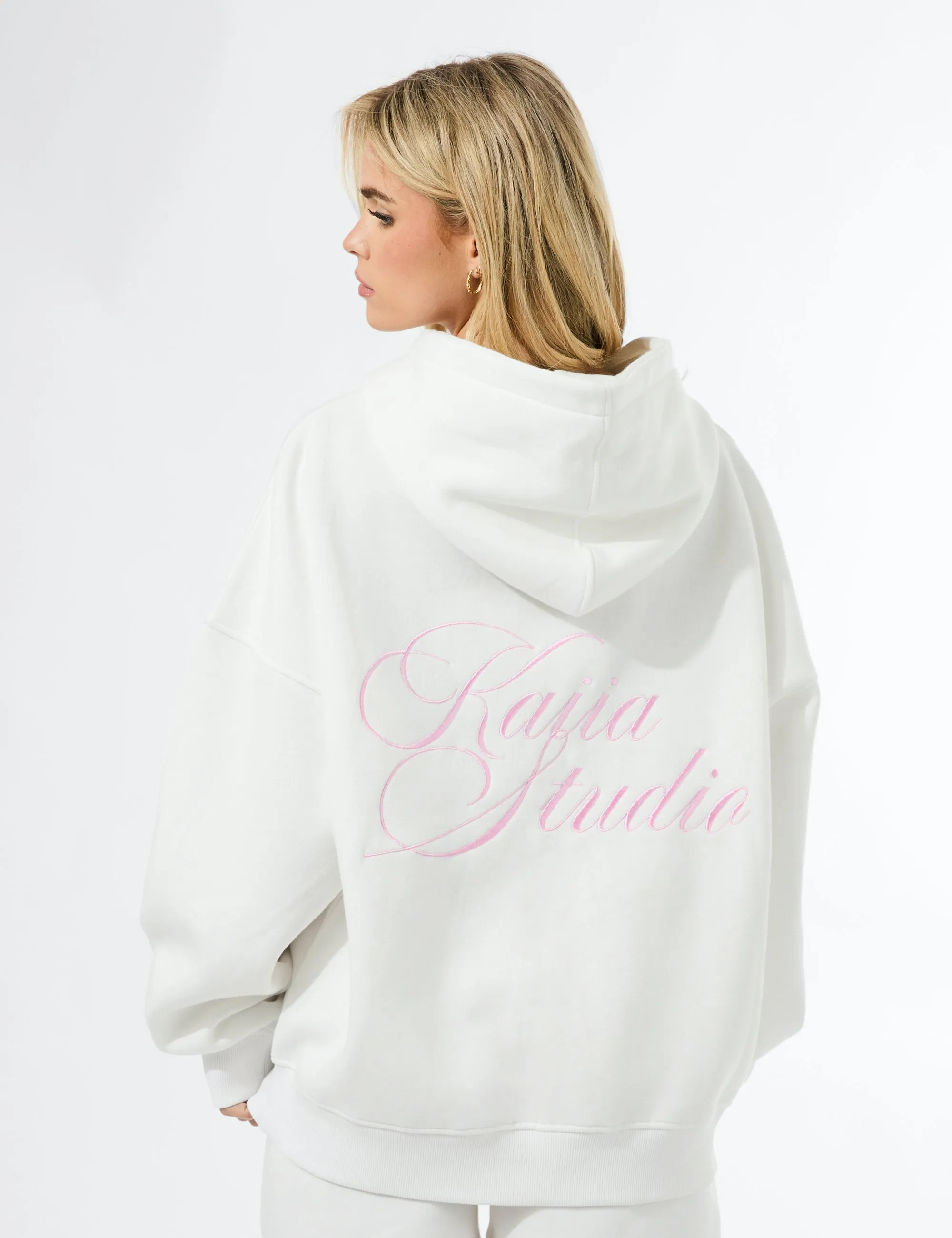 Kaiia Studio Script Logo Oversized Hoodie White & Pink sold by Public Desire