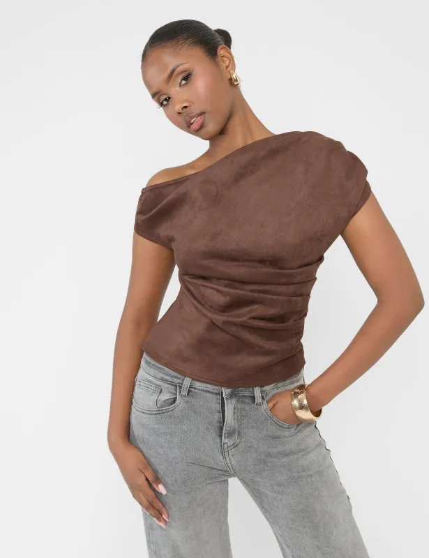 Suedette One Shoulder Ruched Top Chocolate sold by Public Desire