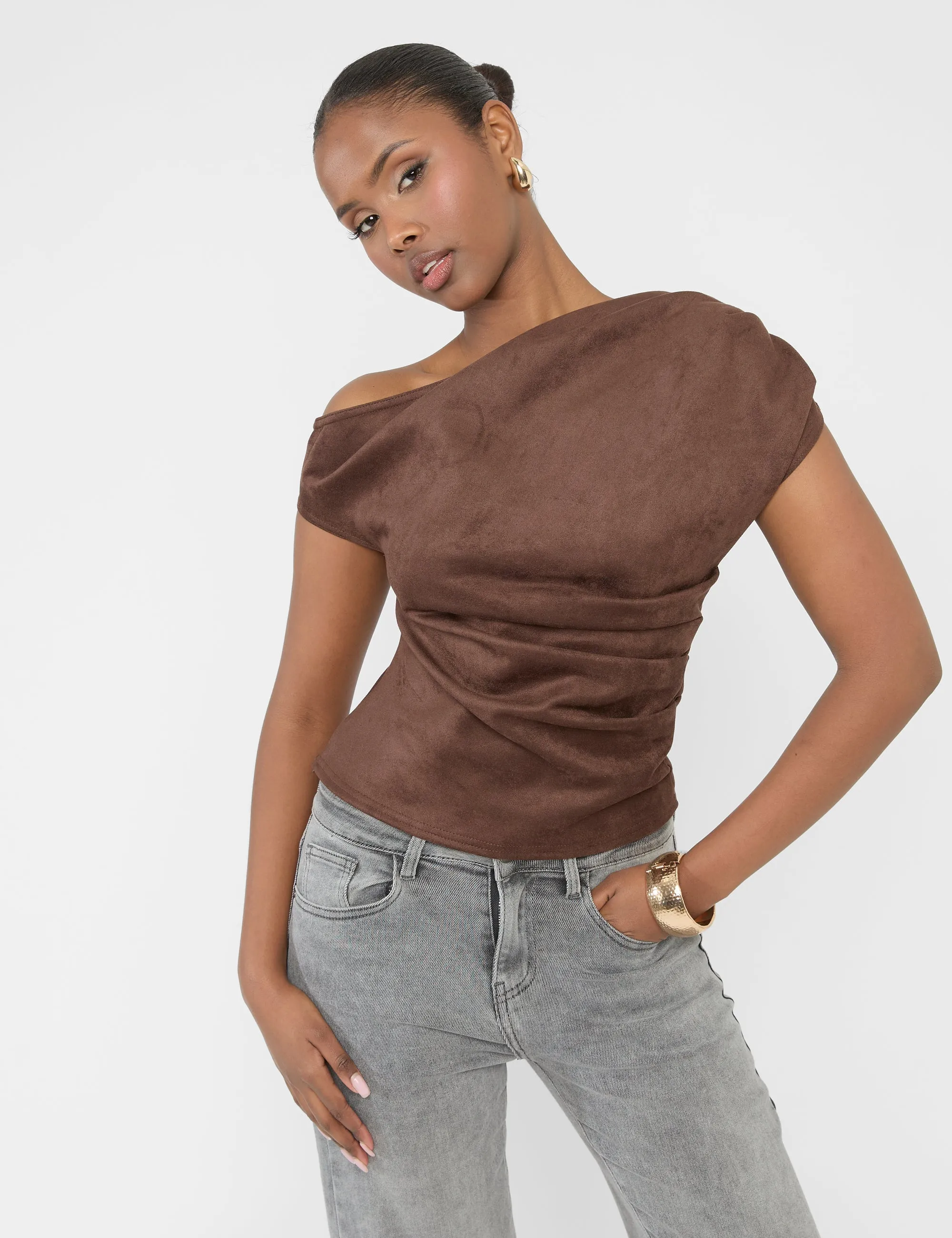 Suedette One Shoulder Ruched Top Chocolate sold by Public Desire