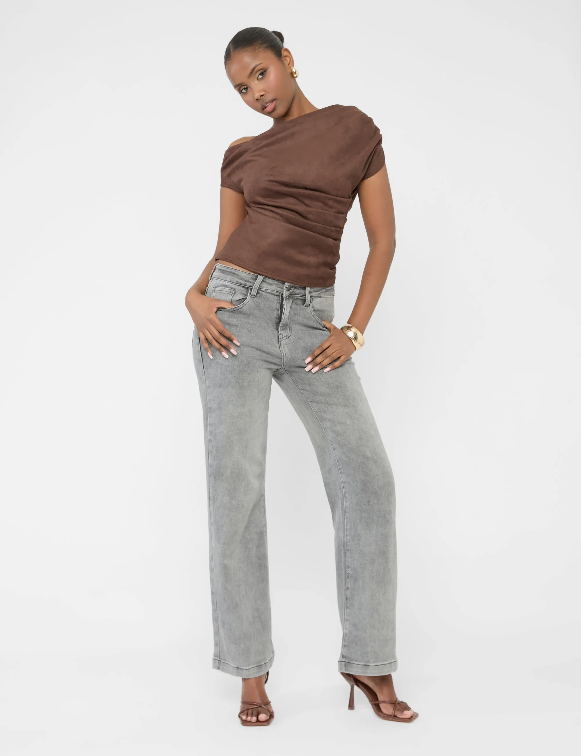 Suedette One Shoulder Ruched Top Chocolate sold by Public Desire product image thumbnail 5