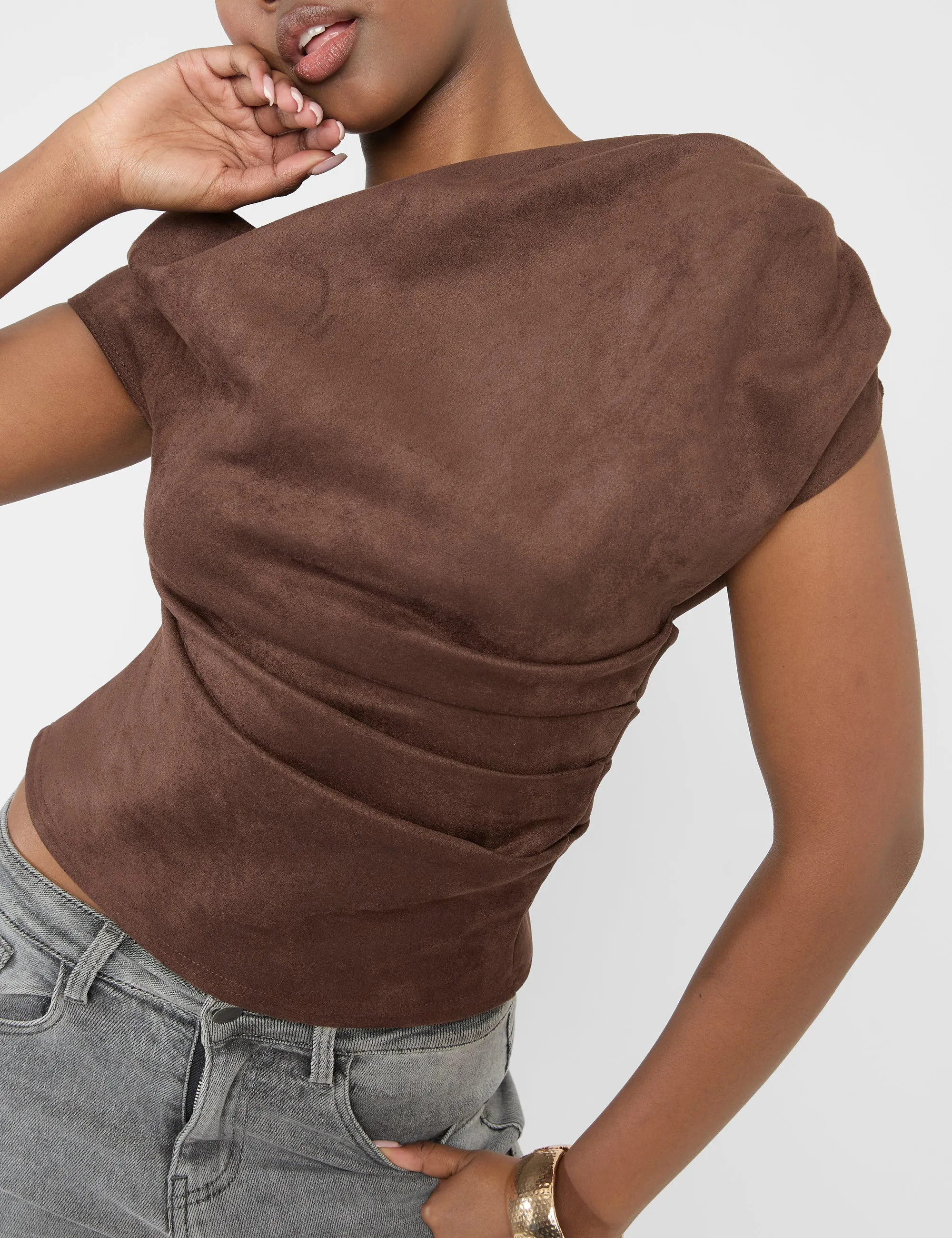Suedette One Shoulder Ruched Top Chocolate sold by Public Desire product image thumbnail 2
