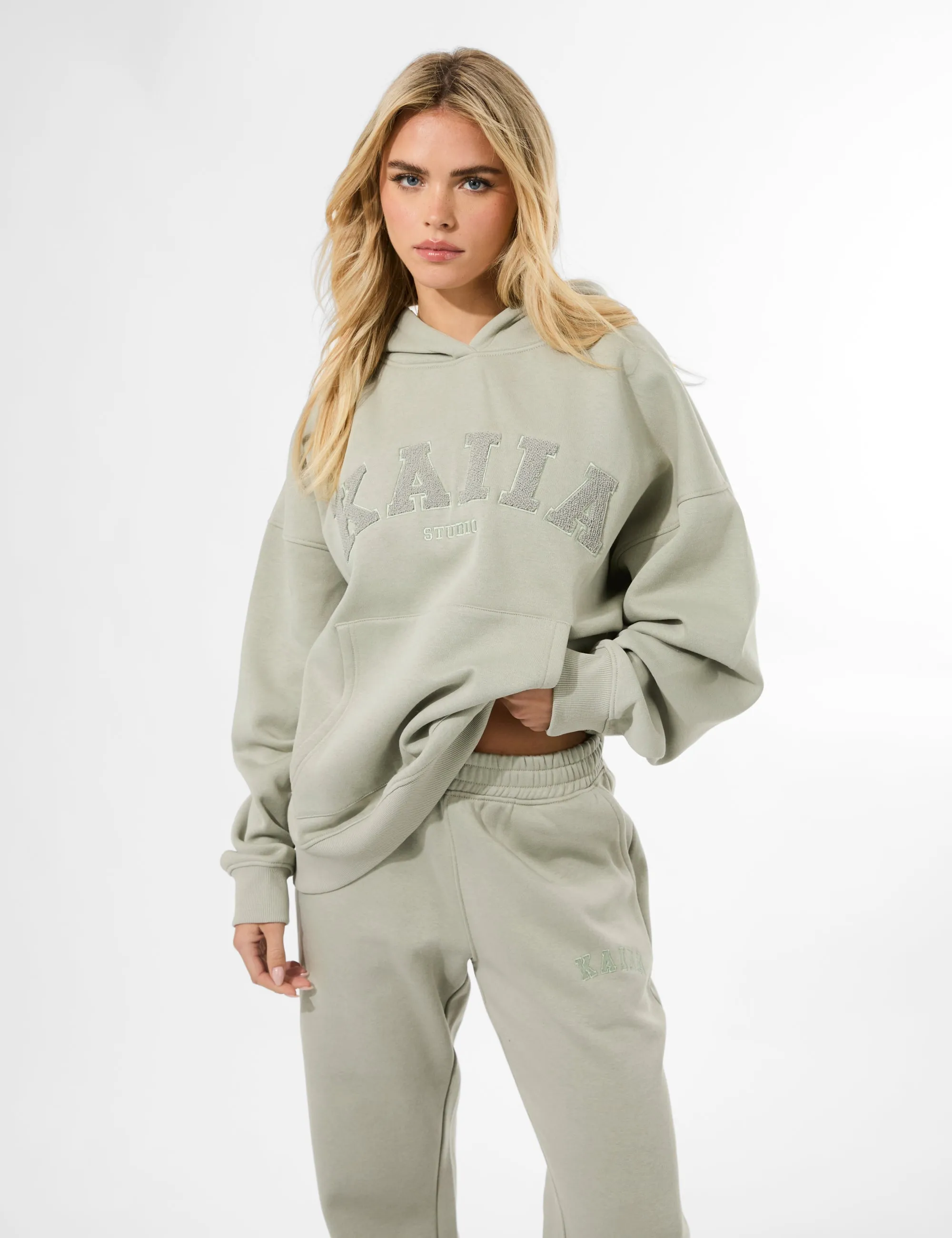 Kaiia Studio Borg Slogan Oversized Hoodie Matcha sold by Public Desire product image thumbnail 3