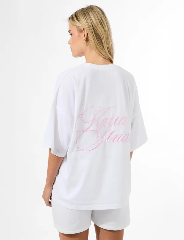 Kaiia Studio Script Logo Oversized T-Shirt White & Pink sold by Public Desire