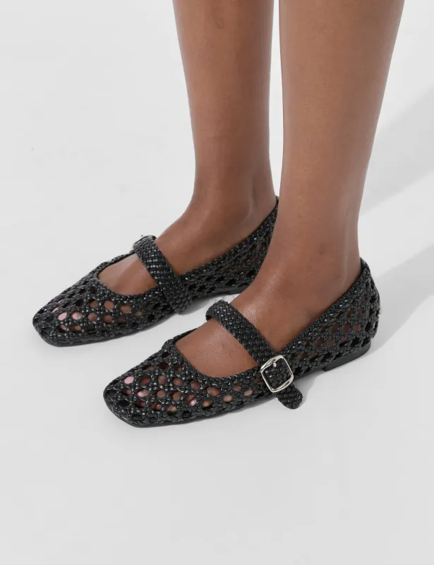 Winoma Black Pu Buck Detail Strap Woven Ballet Pump sold by Public Desire