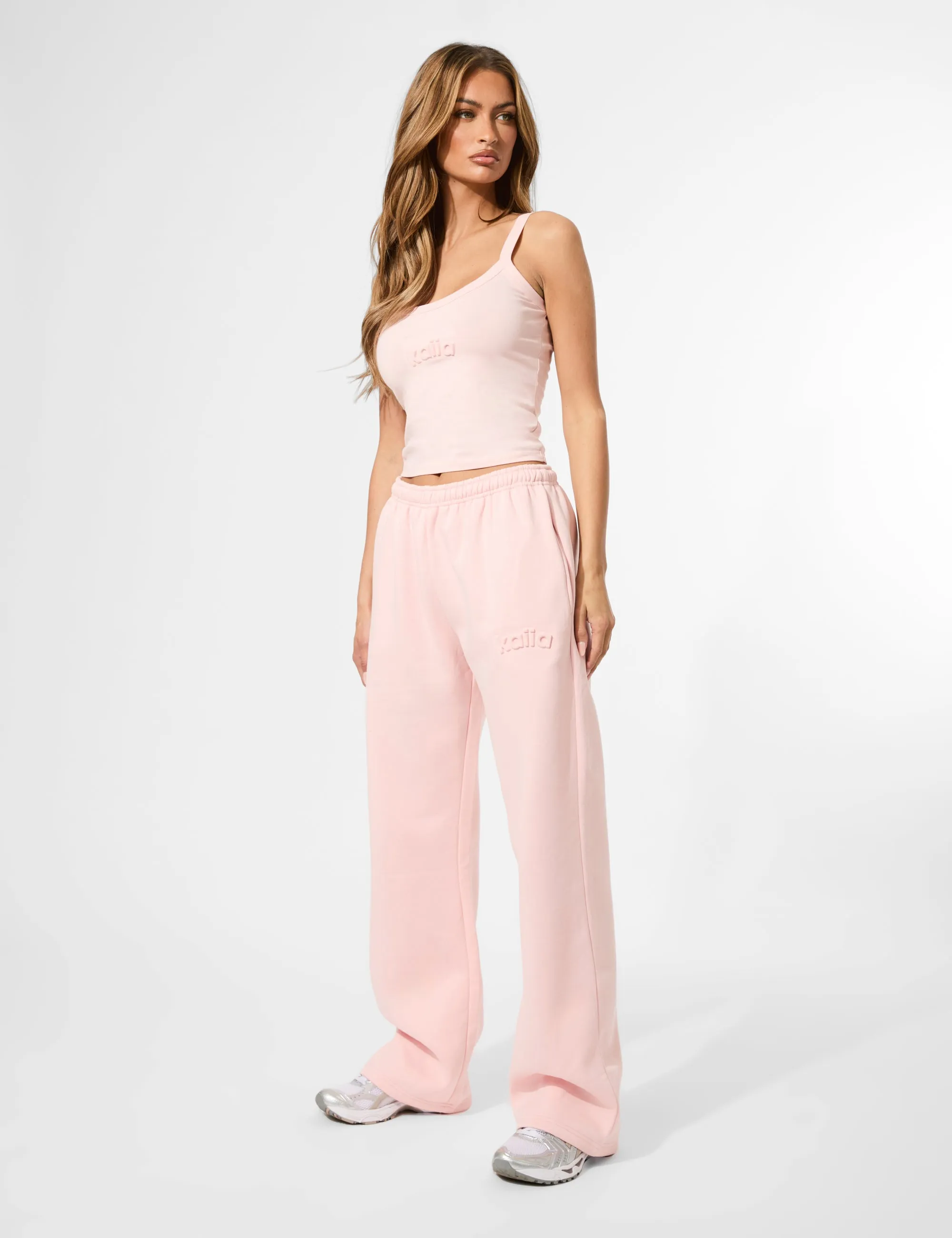 Kaiia Embossed Logo Wide Leg Joggers Sugar Pink sold by Public Desire