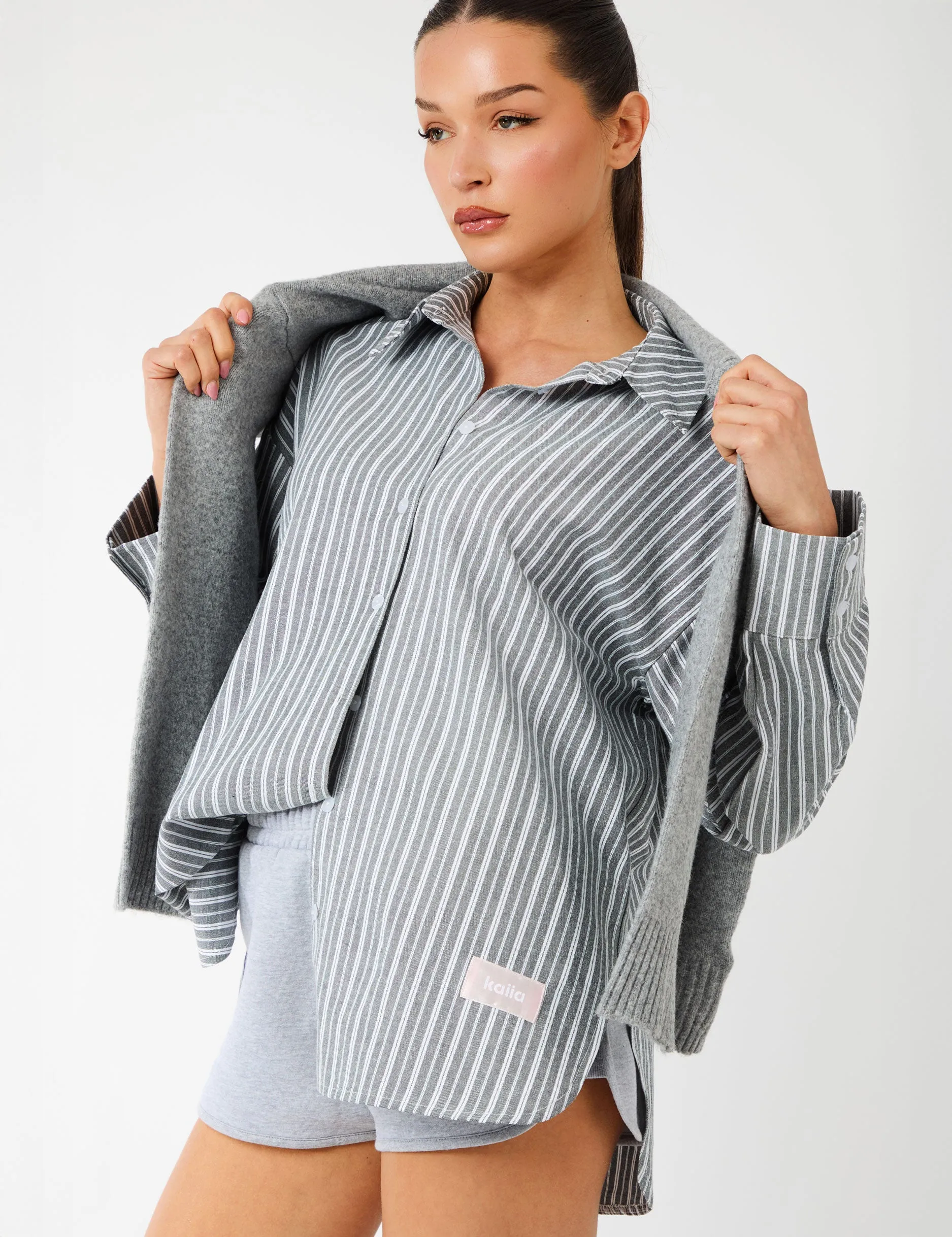 Kaiia Label Logo Oversized Shirt Grey Stripe sold by Public Desire