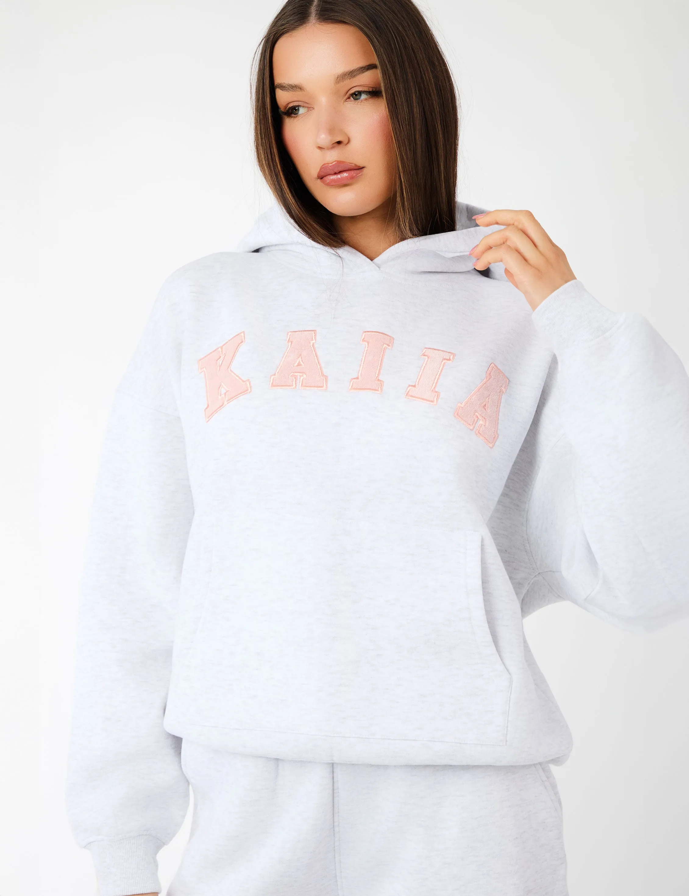 Kaiia Slogan Oversized Hoodie Light Grey Marl & Dusty Pink sold by Public Desire
