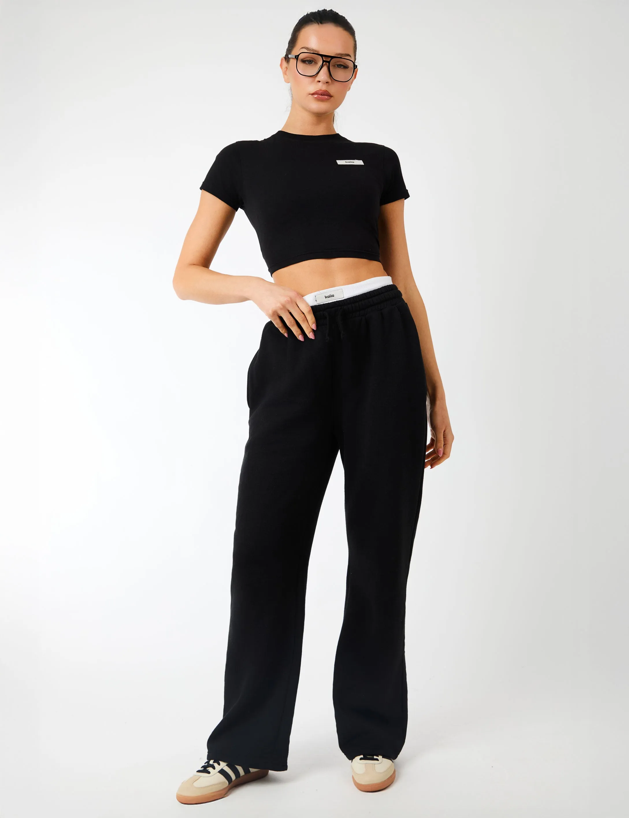 Kaiia Label Logo Exposed Waistband Wide Leg Joggers Navy sold by Public Desire product image thumbnail 5