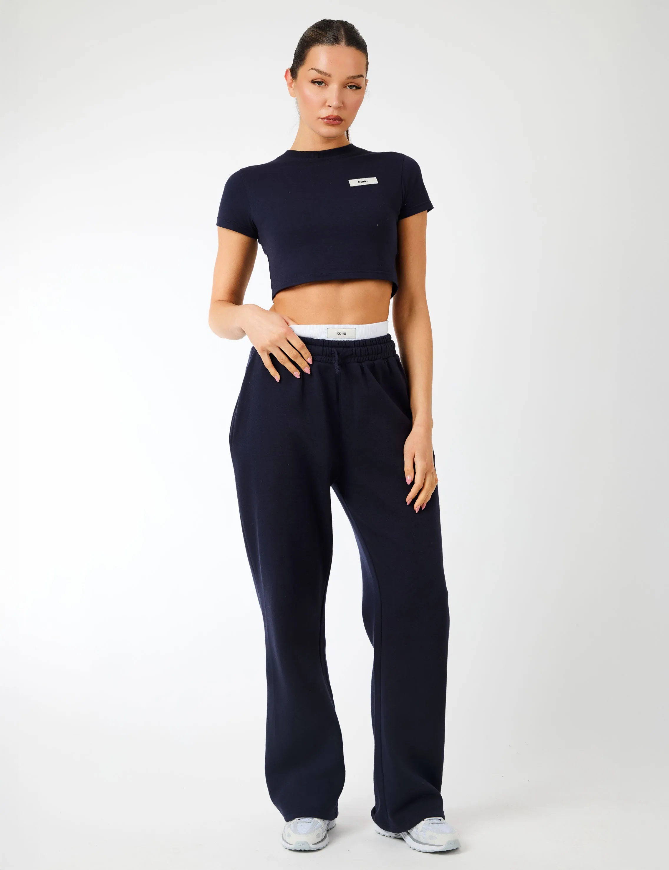 Kaiia Label Logo Exposed Waistband Wide Leg Joggers Navy sold by Public Desire