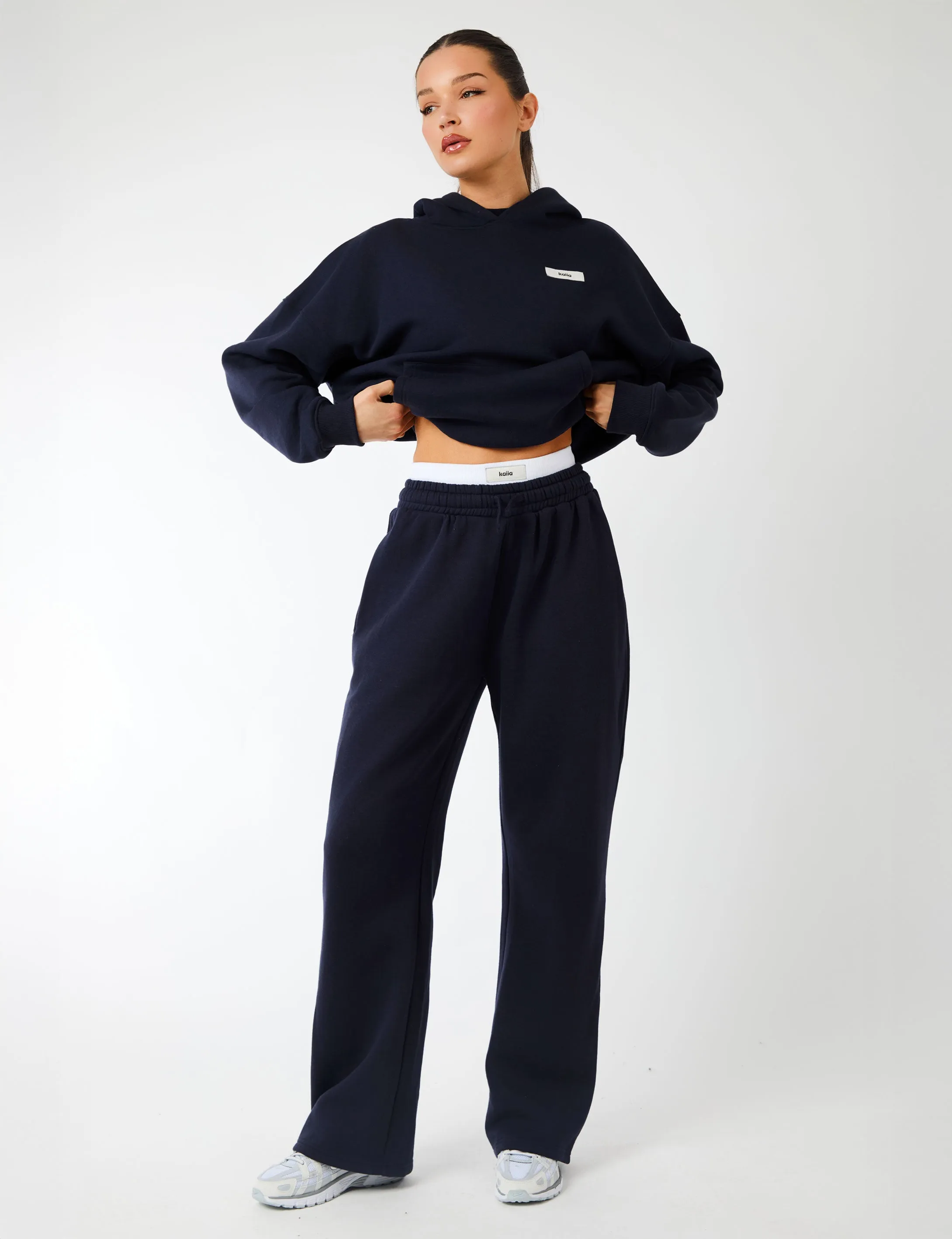 Kaiia Label Logo Exposed Waistband Wide Leg Joggers Navy sold by Public Desire product image thumbnail 4