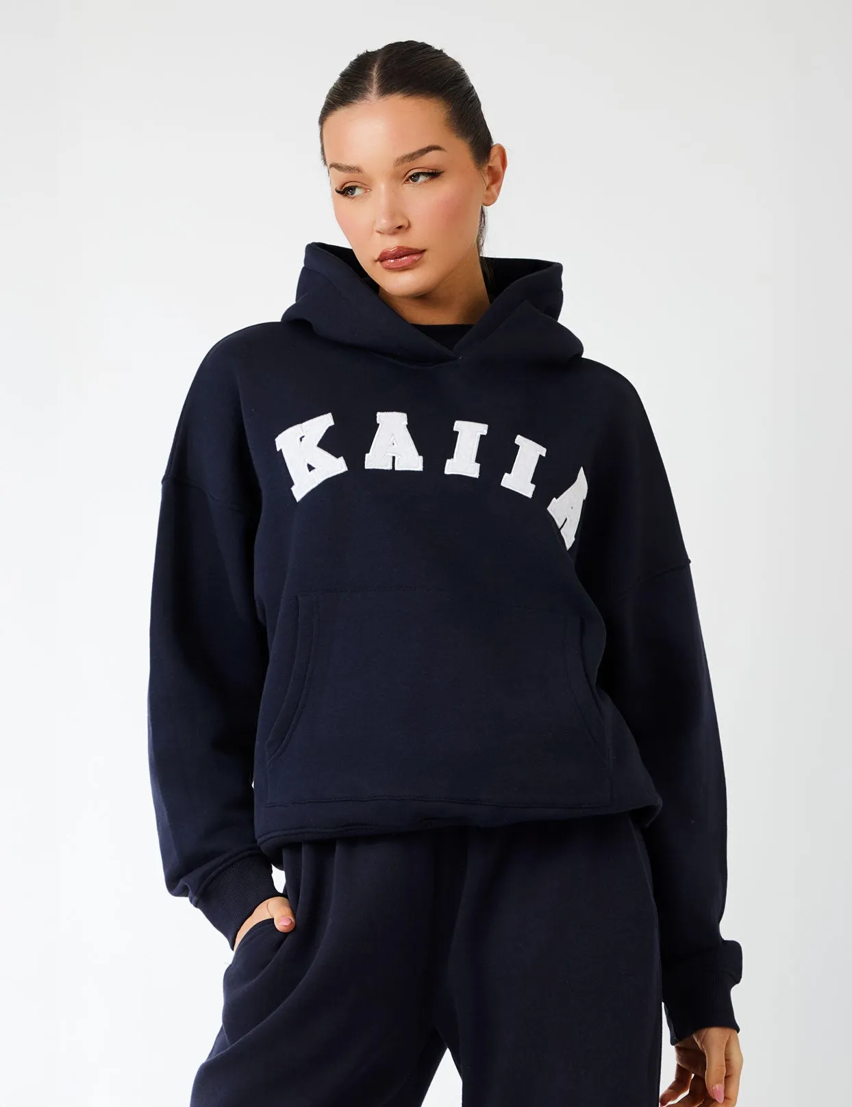 Kaiia Slogan Oversized Hoodie Navy & Light Grey Marl sold by Public Desire