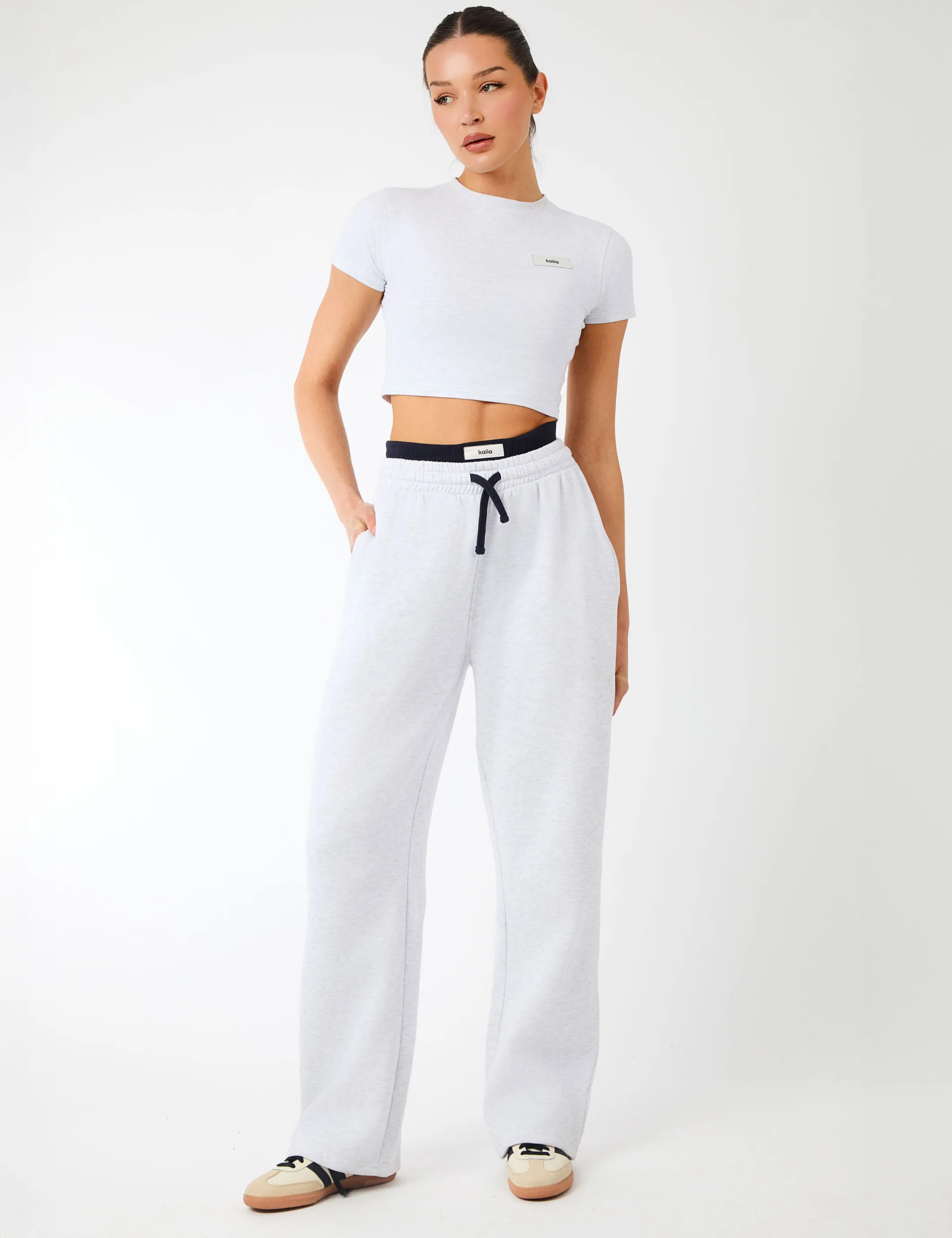 Kaiia Label Logo Exposed Waistband Wide Leg Joggers Light Grey Marl sold by Public Desire