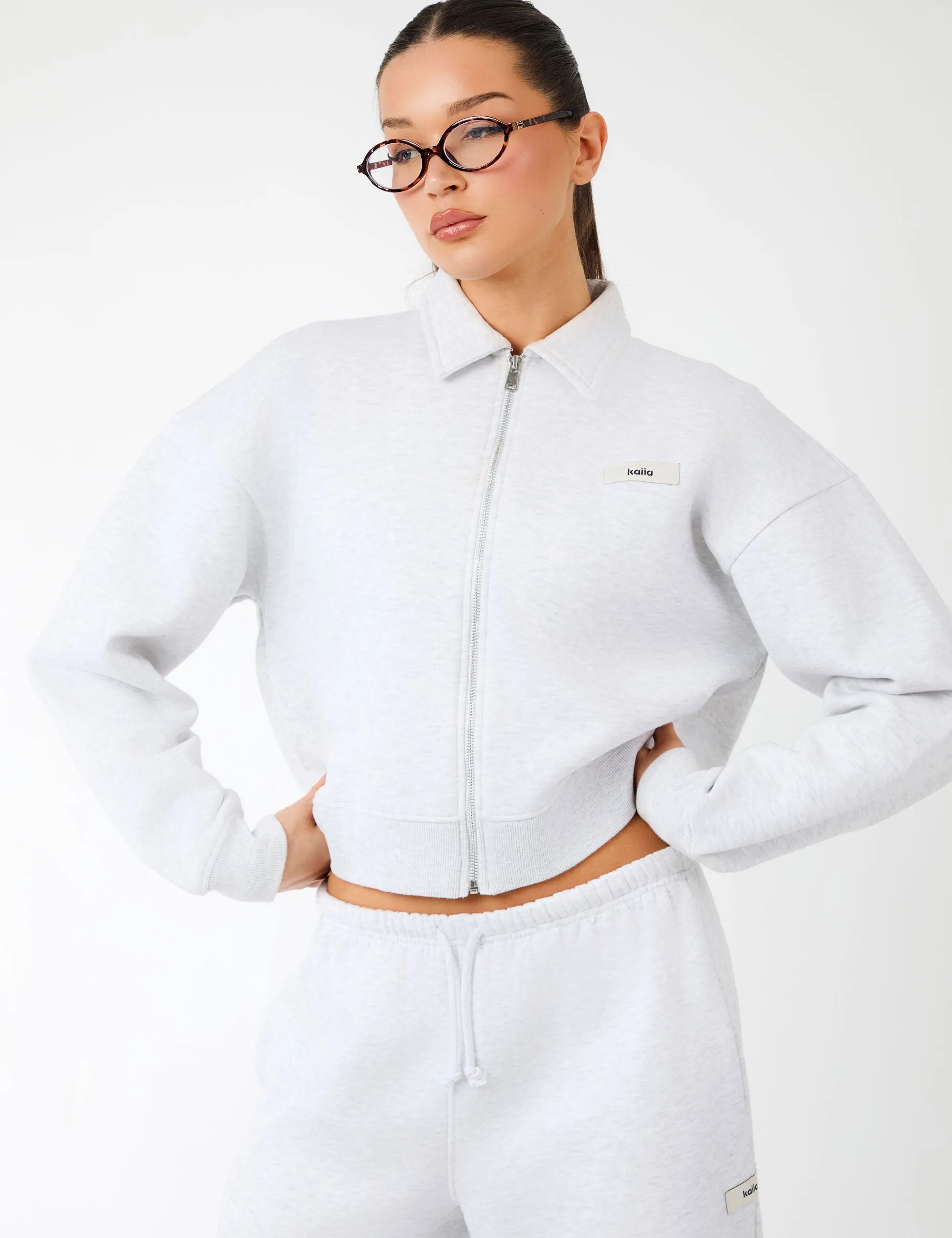 Kaiia Label Logo Collared Zip Through Sweatshirt Light Grey Marl sold by Public Desire