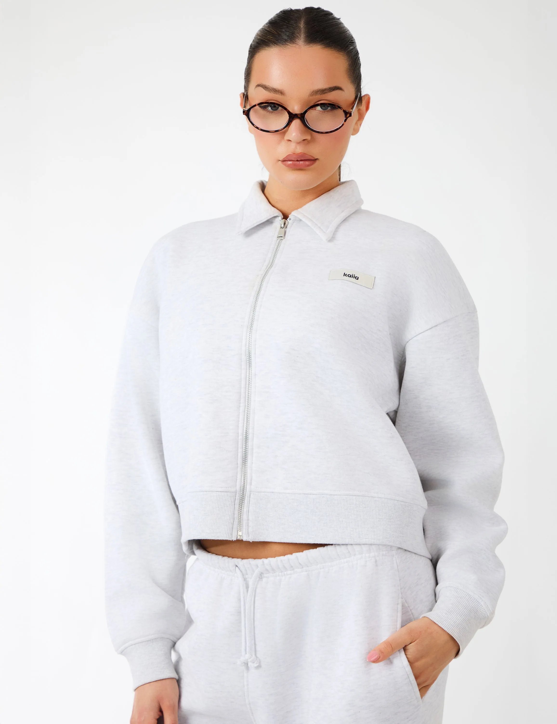 Kaiia Label Logo Collared Zip Through Sweatshirt Light Grey Marl sold by Public Desire product image thumbnail 5