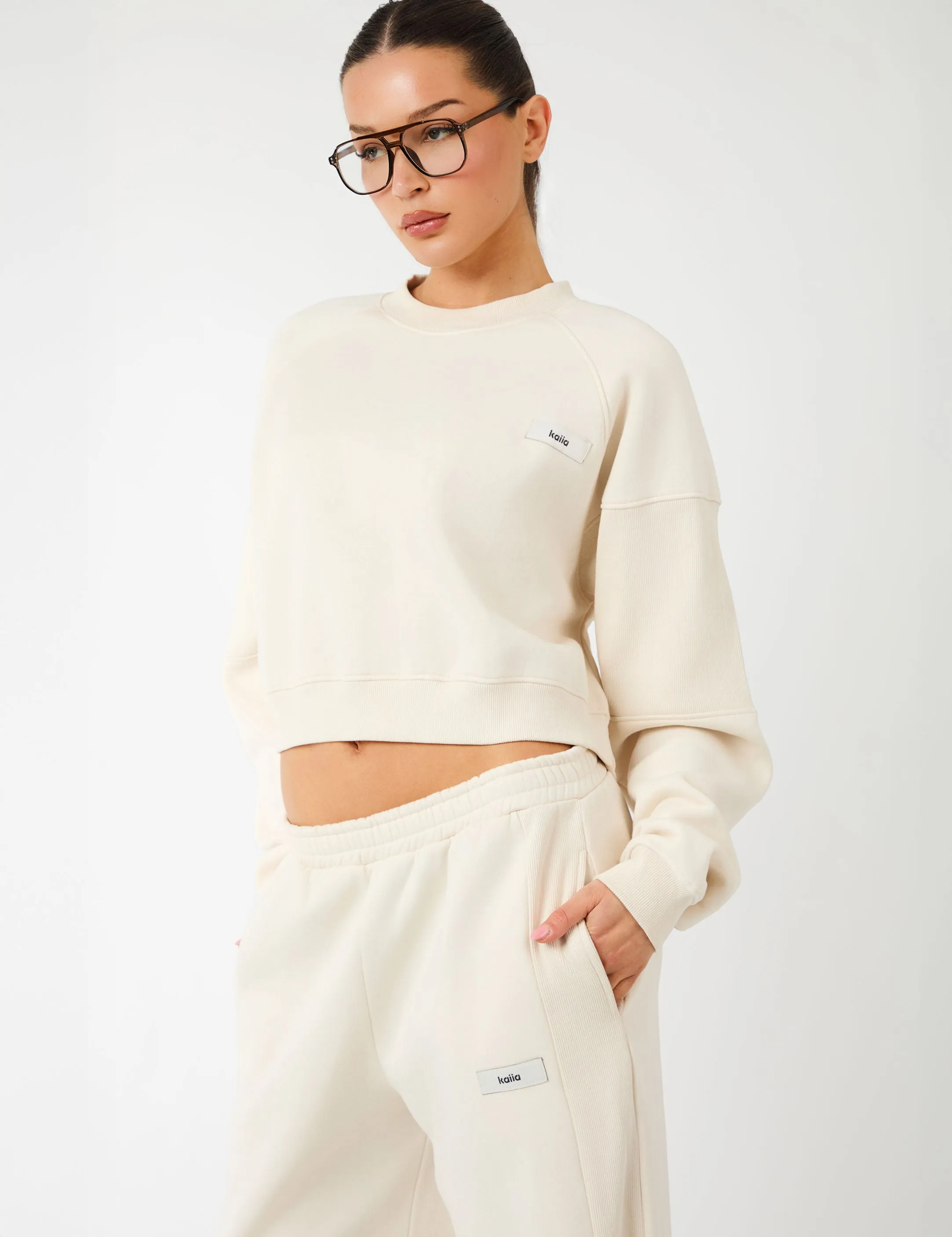 Kaiia Label Logo Rib Panel Wide Leg Joggers Cream sold by Public Desire product image thumbnail 5