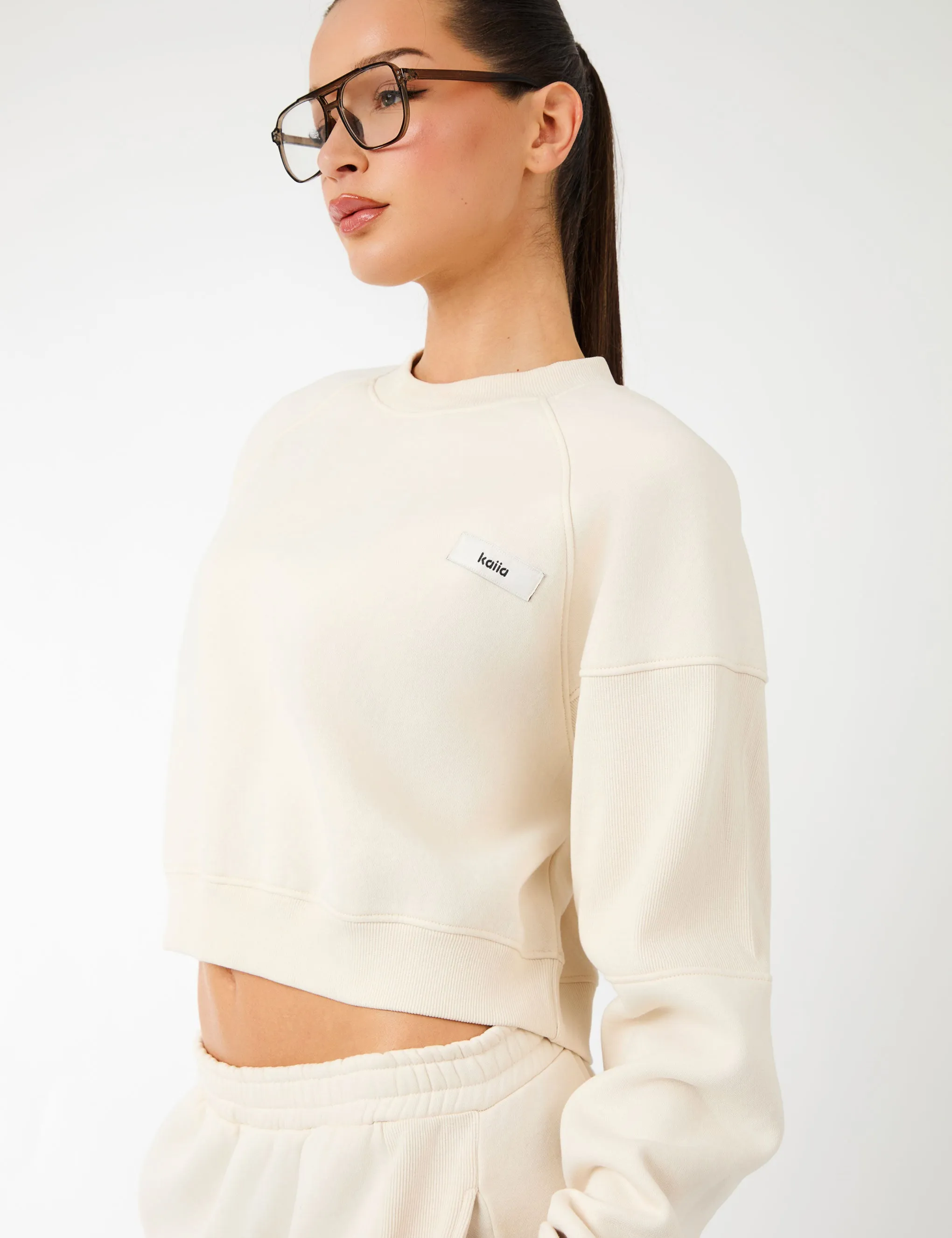 Kaiia Label Logo Rib Panel Cropped Oversized Sweatshirt Cream sold by Public Desire product image thumbnail 4