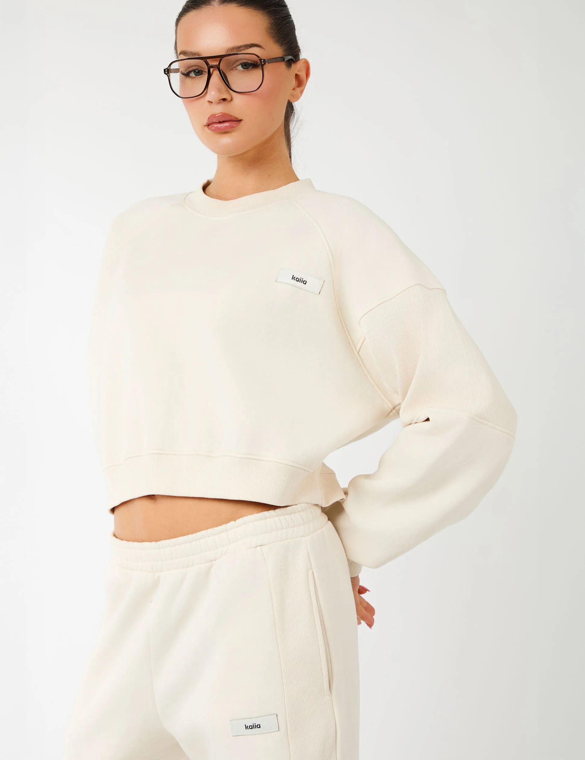 Kaiia Label Logo Rib Panel Cropped Oversized Sweatshirt Cream sold by Public Desire