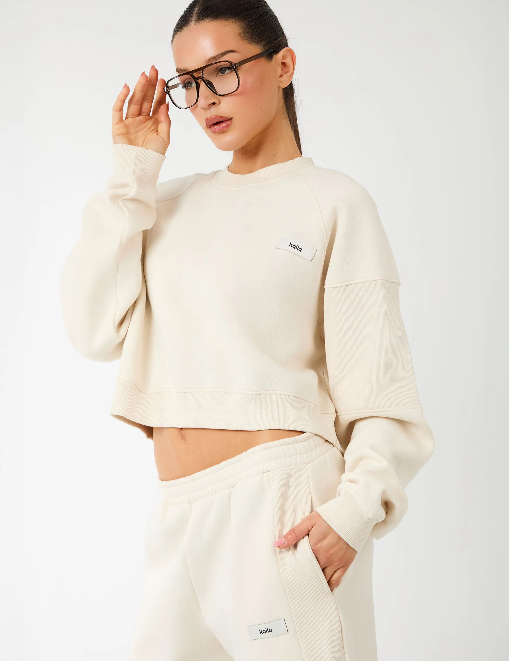 Kaiia Label Logo Rib Panel Cropped Oversized Sweatshirt Cream sold by Public Desire product image thumbnail 2