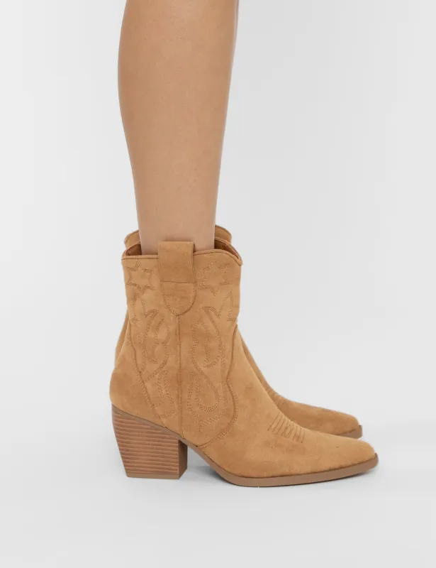 Wild West Tan Suedette Western Cowboy Low Ankle Boots sold by Public Desire
