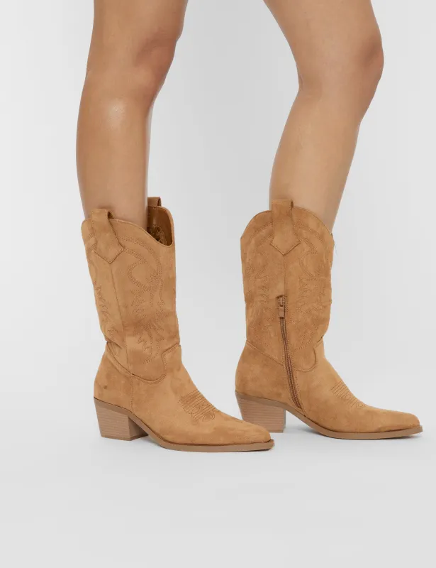 Sandy Tan Suedette Western Cowboy Ankle Boots sold by Public Desire