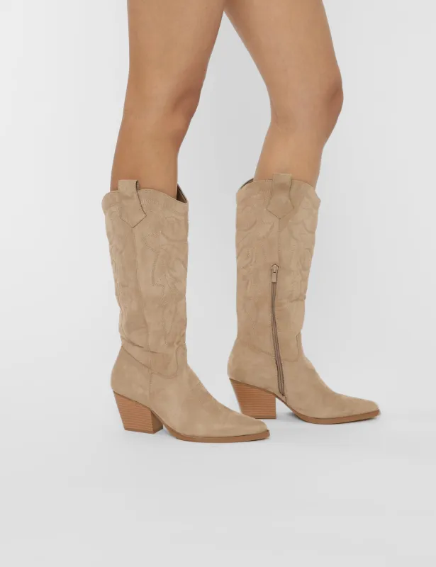 Uptown Girl Beige Suedette Western Cowboy Knee High Boots sold by Public Desire