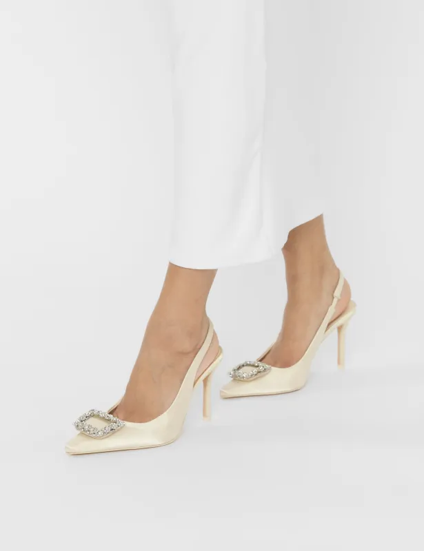 Flint Ivory Satin Brooch Slingback High Heels sold by Public Desire