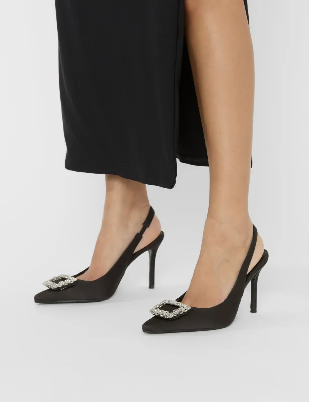 Flint Black Satin Brooch Slingback High Heels sold by Public Desire