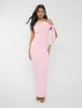 Knot Detail Asymmetric One Shoulder Luxe Slinky Maxi Dress Soft Pink sold by Public Desire