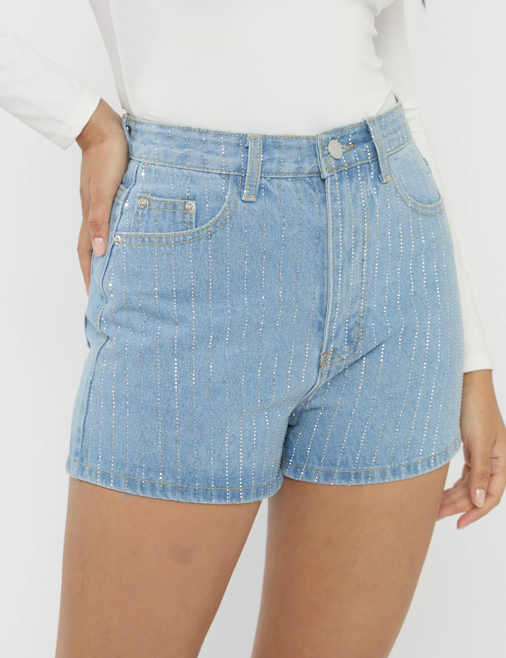 High Waist Diamante Embellished Shorts Light Blue sold by Public Desire product image thumbnail 3