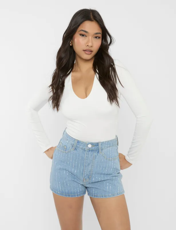 High Waist Diamante Embellished Shorts Light Blue sold by Public Desire