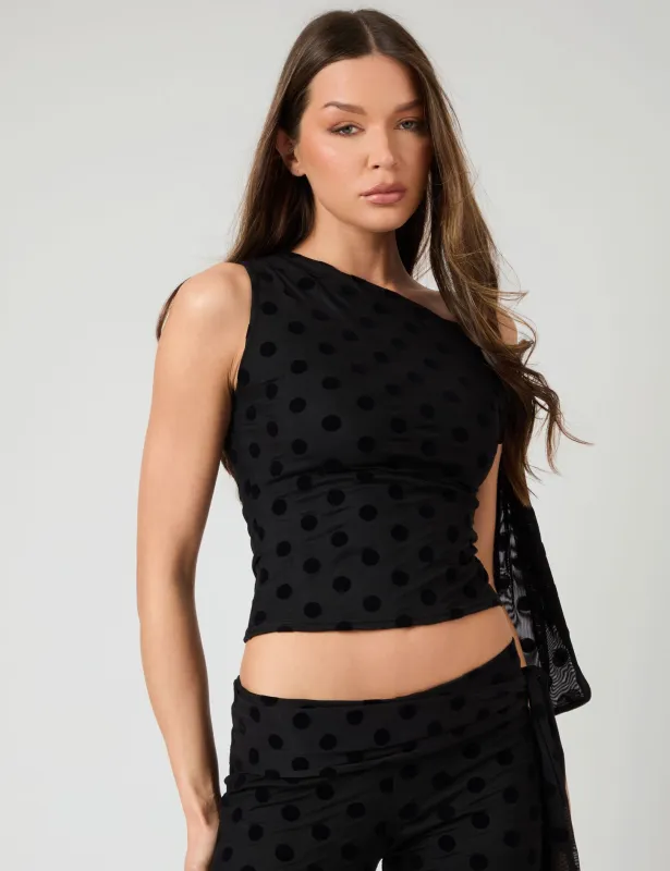 Knot Detail Asymmetric One Shoulder Polka Dot Devore Top Black sold by Public Desire