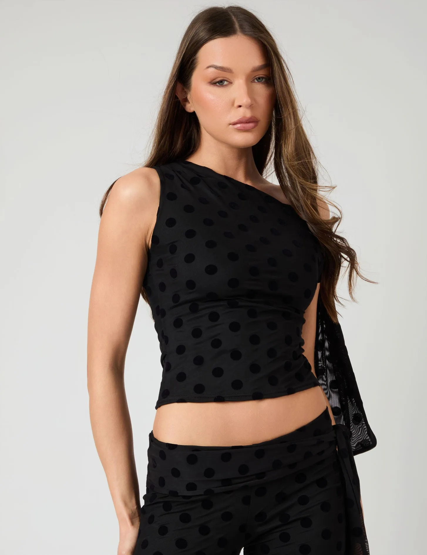 Knot Detail Asymmetric One Shoulder Polka Dot Devore Top Black sold by Public Desire