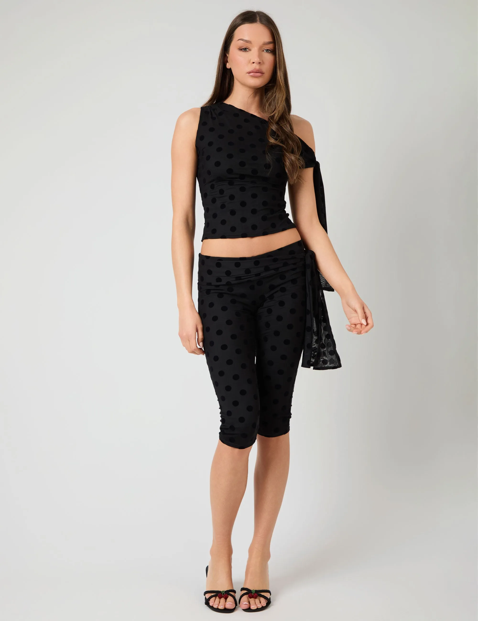 Knot Detail Tie Side Polka Dot Devore Capri Pants Black sold by Public Desire