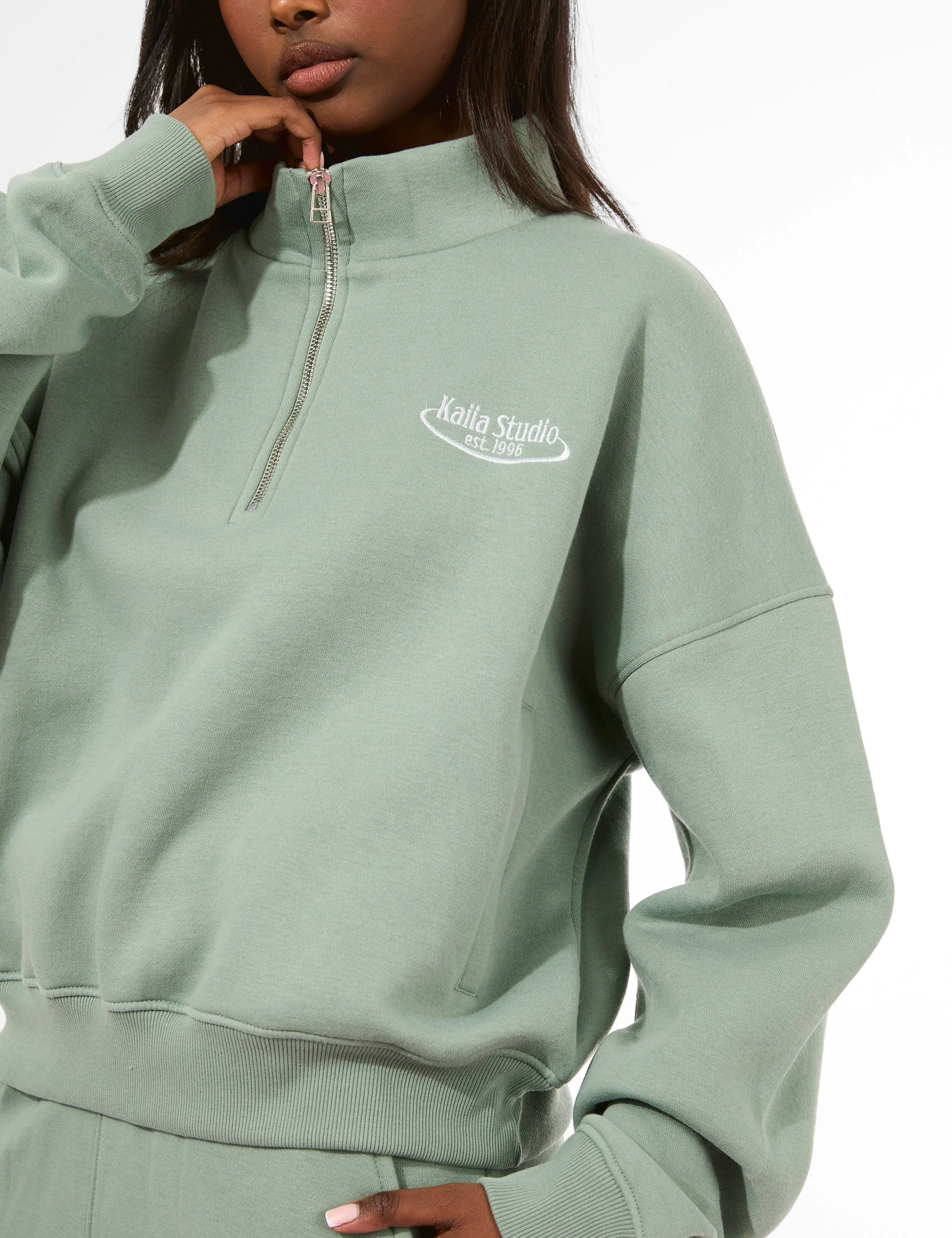 Kaiia Running Club Logo Quarter Zip Sweatshirt Green Tea sold by Public Desire product image thumbnail 5