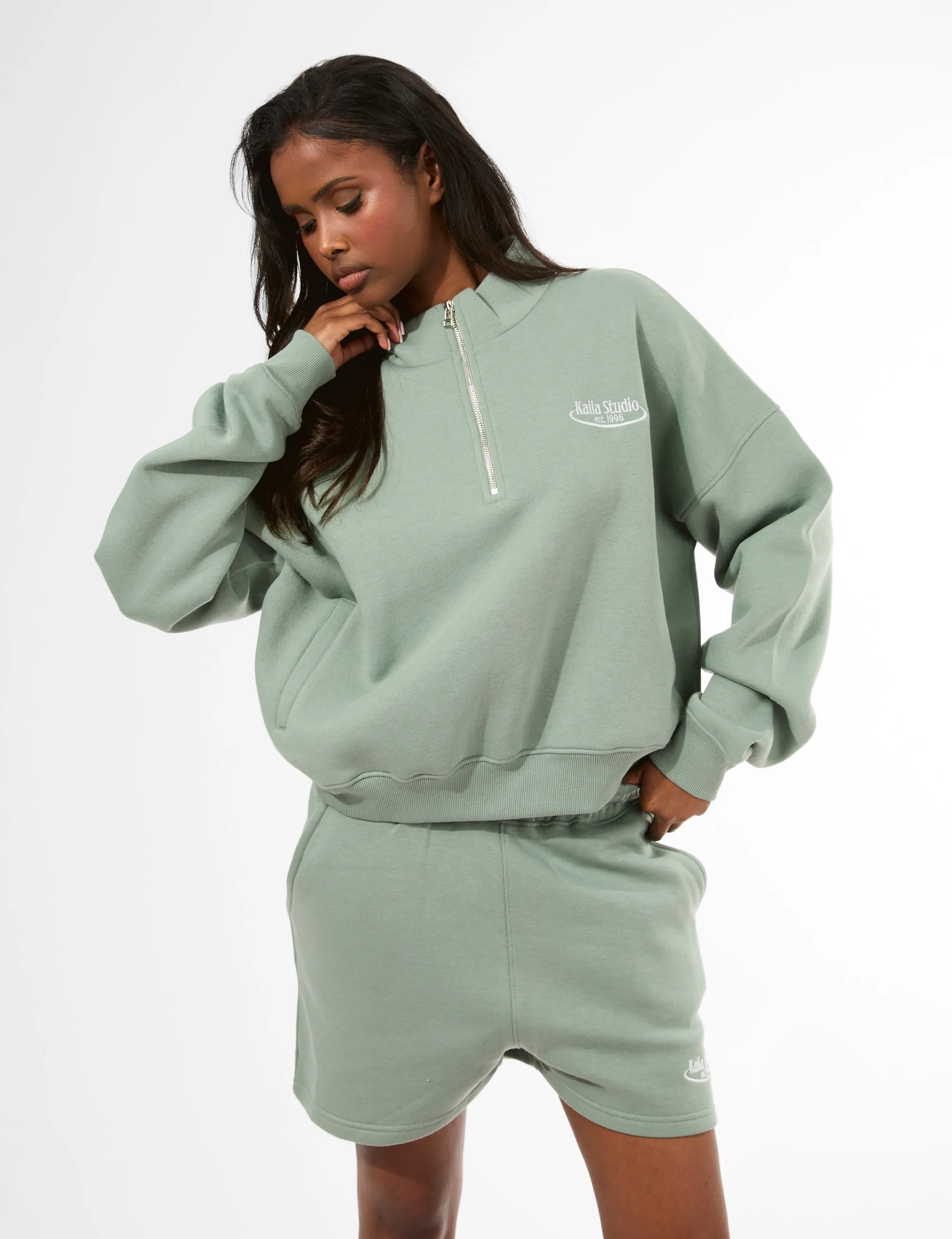 Kaiia Running Club Logo Quarter Zip Sweatshirt Green Tea sold by Public Desire product image thumbnail 2